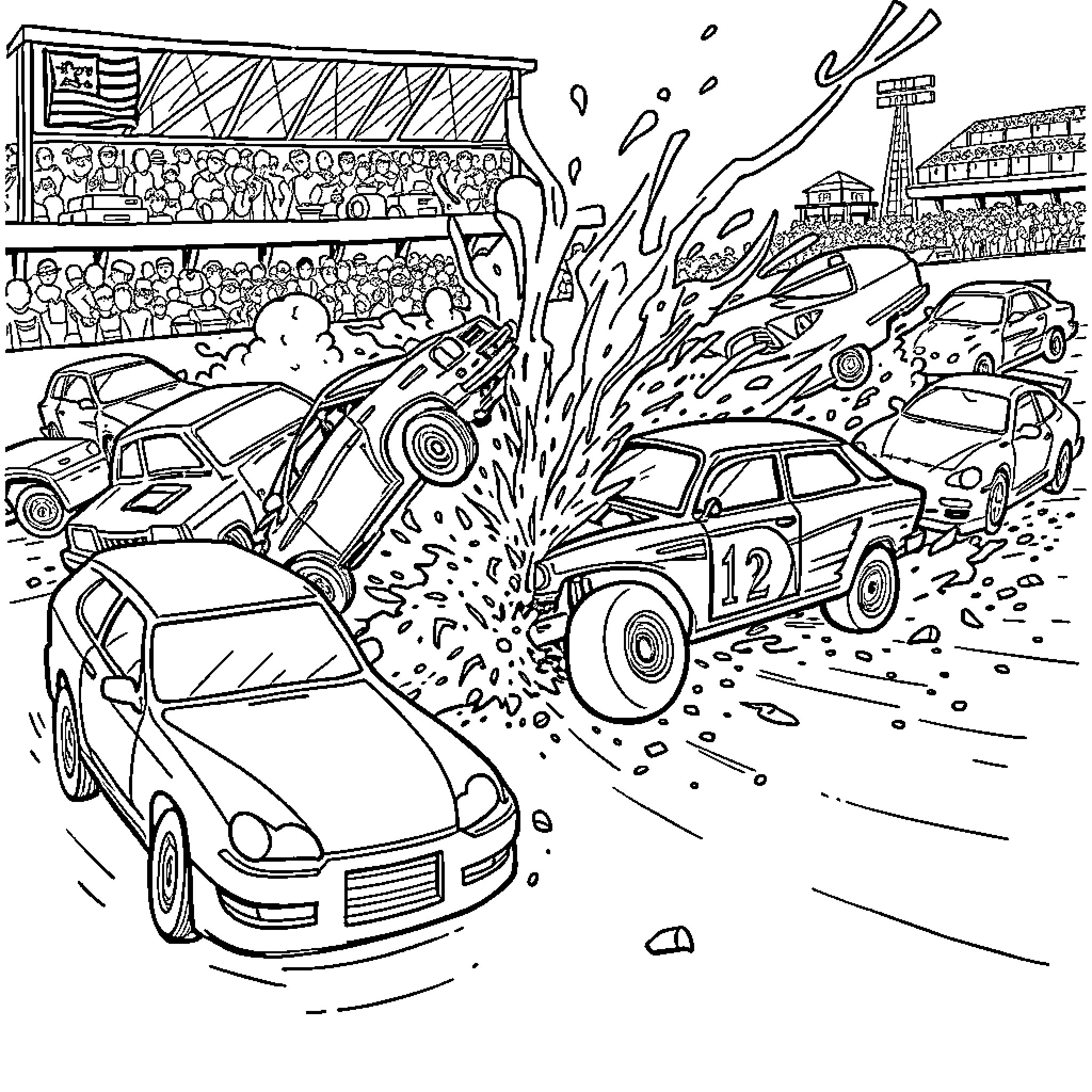 Car race with spectators and colliding vehicles Coloring Page (free black-and-white line drawing printable PDF for all, from beginners to advanced learners, including children, teens, adults, and seniors)