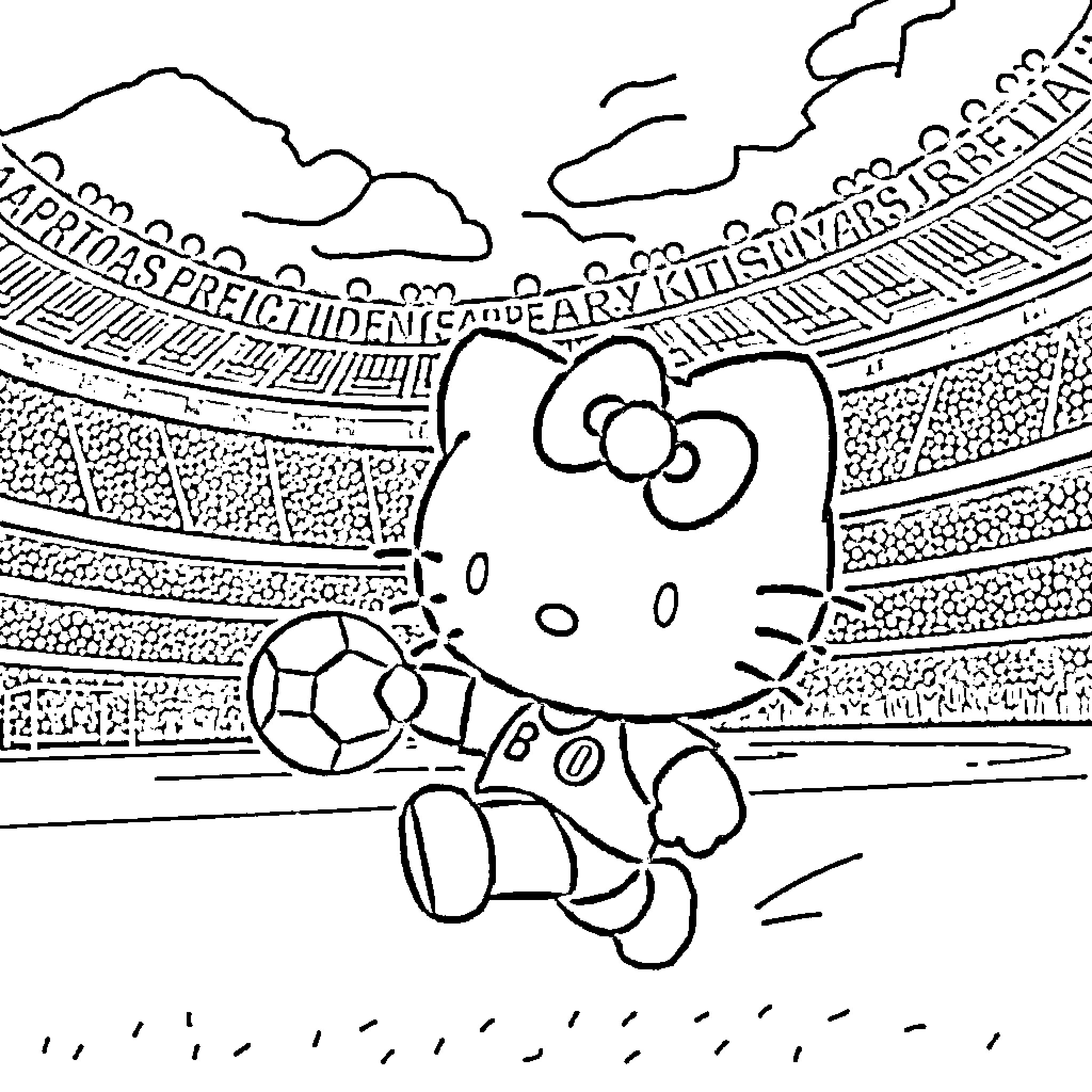 Hello Kitty playing soccer in a stadium Coloring Page (free black-and-white line drawing printable PDF for all, from beginners to advanced learners, including children, teens, adults, and seniors)