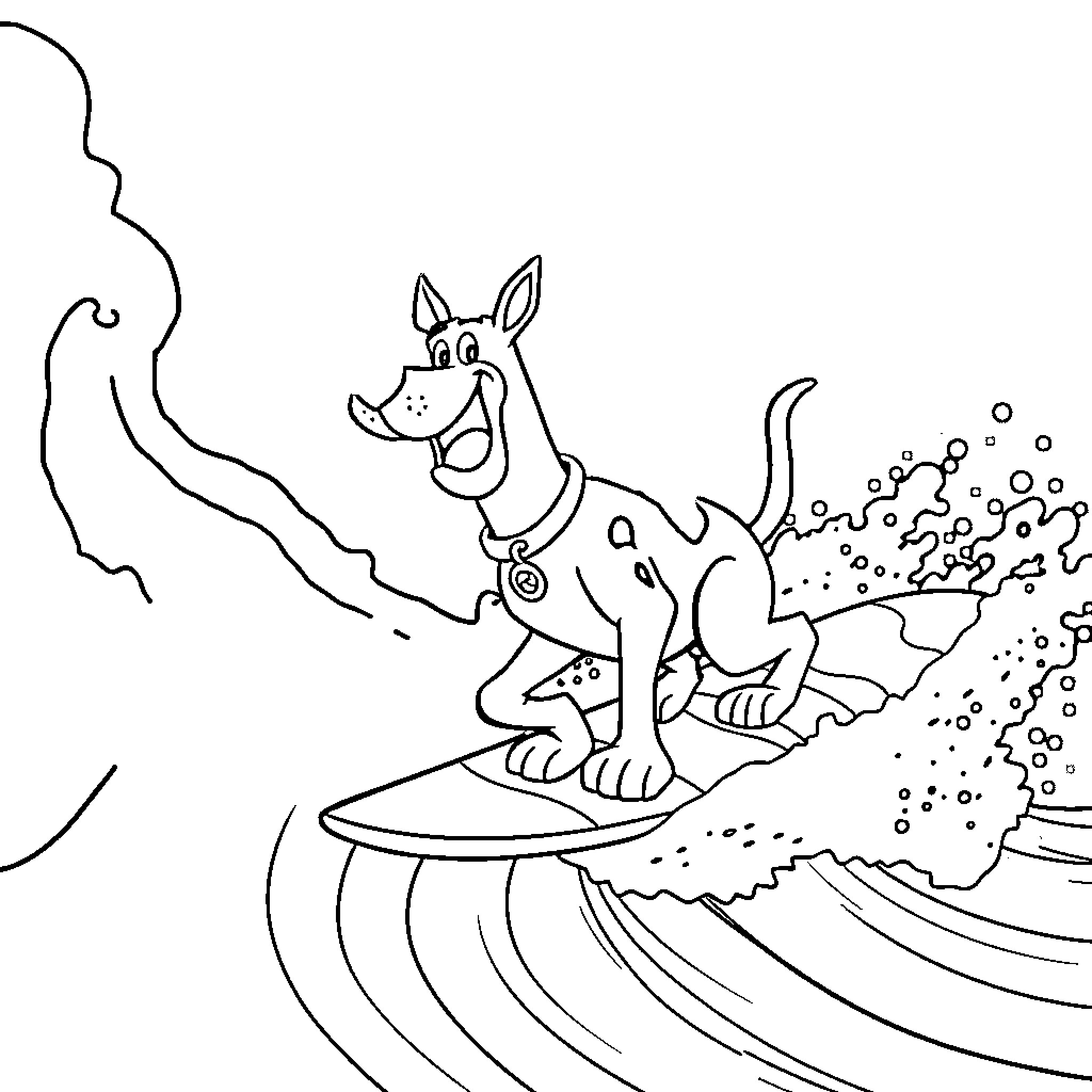 Scooby Doo surfing the waves on a beach Coloring Page (free black-and-white line drawing printable PDF for all, from beginners to advanced learners, including children, teens, adults, and seniors)