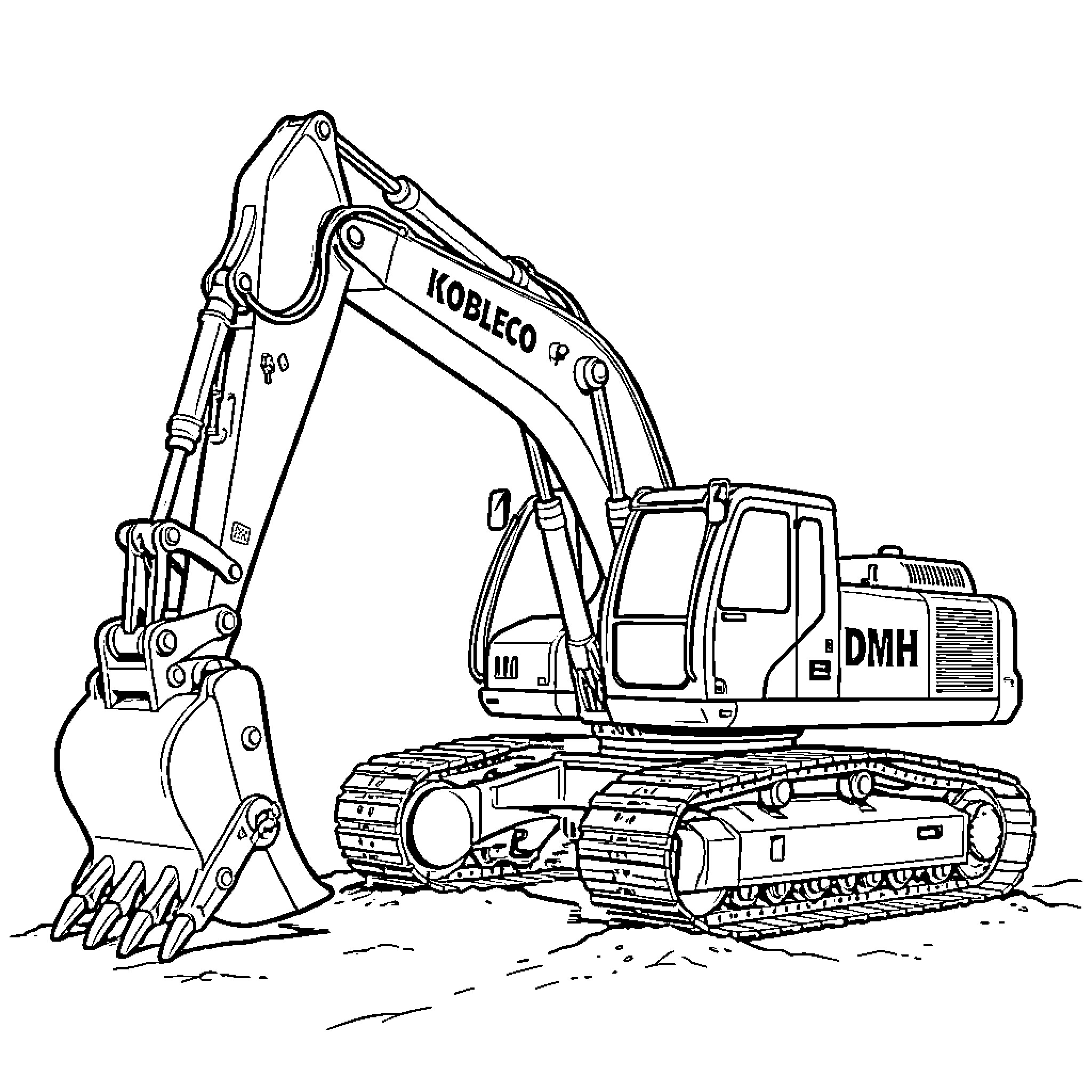Excavator digging and moving earth on construction site Coloring Page (free black-and-white line drawing printable PDF for all, from beginners to advanced learners, including children, teens, adults, and seniors)