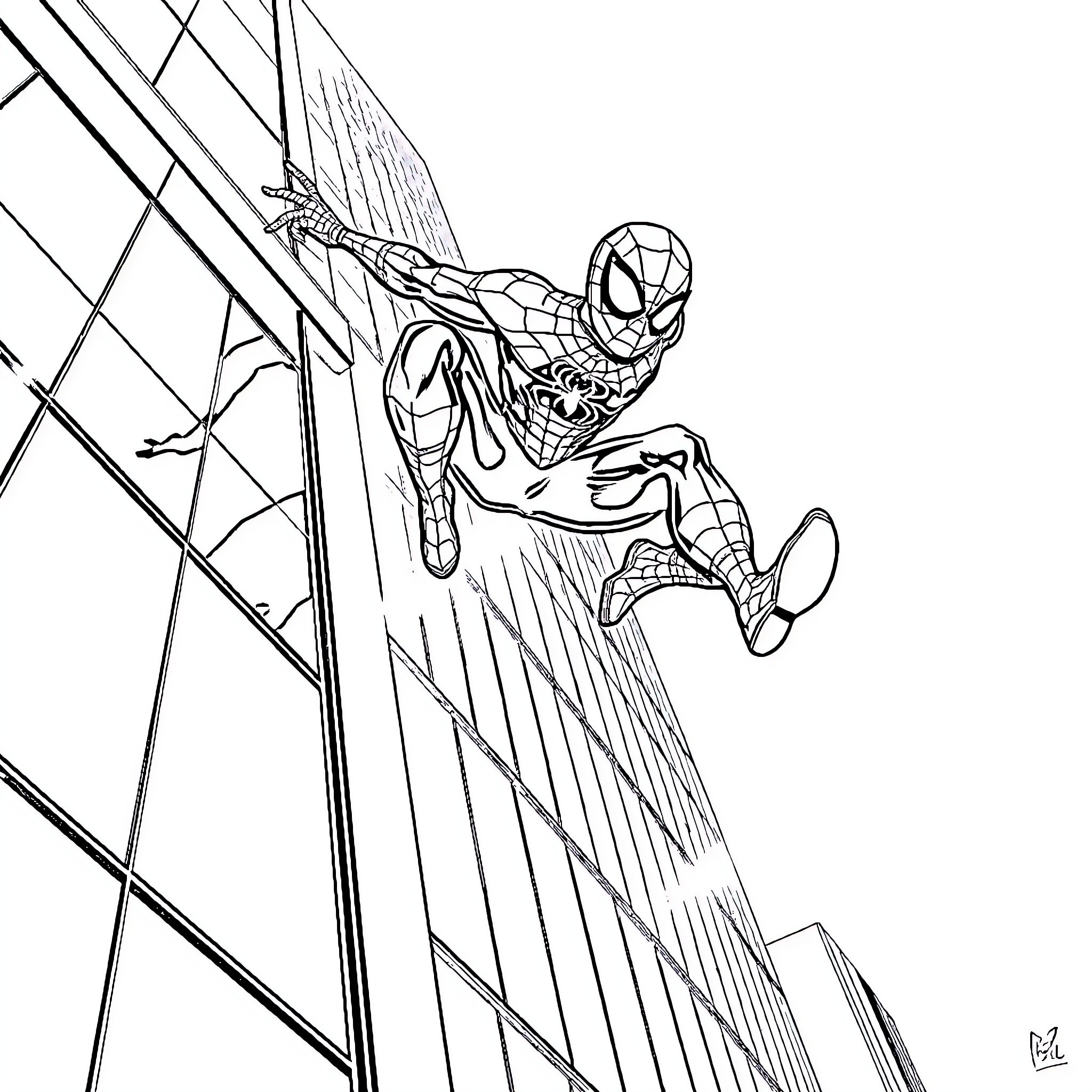 Spider-Man climbing up the skyscraper Coloring Page (free black-and-white line drawing printable PDF for all, from beginners to advanced learners, including children, teens, adults, and seniors)