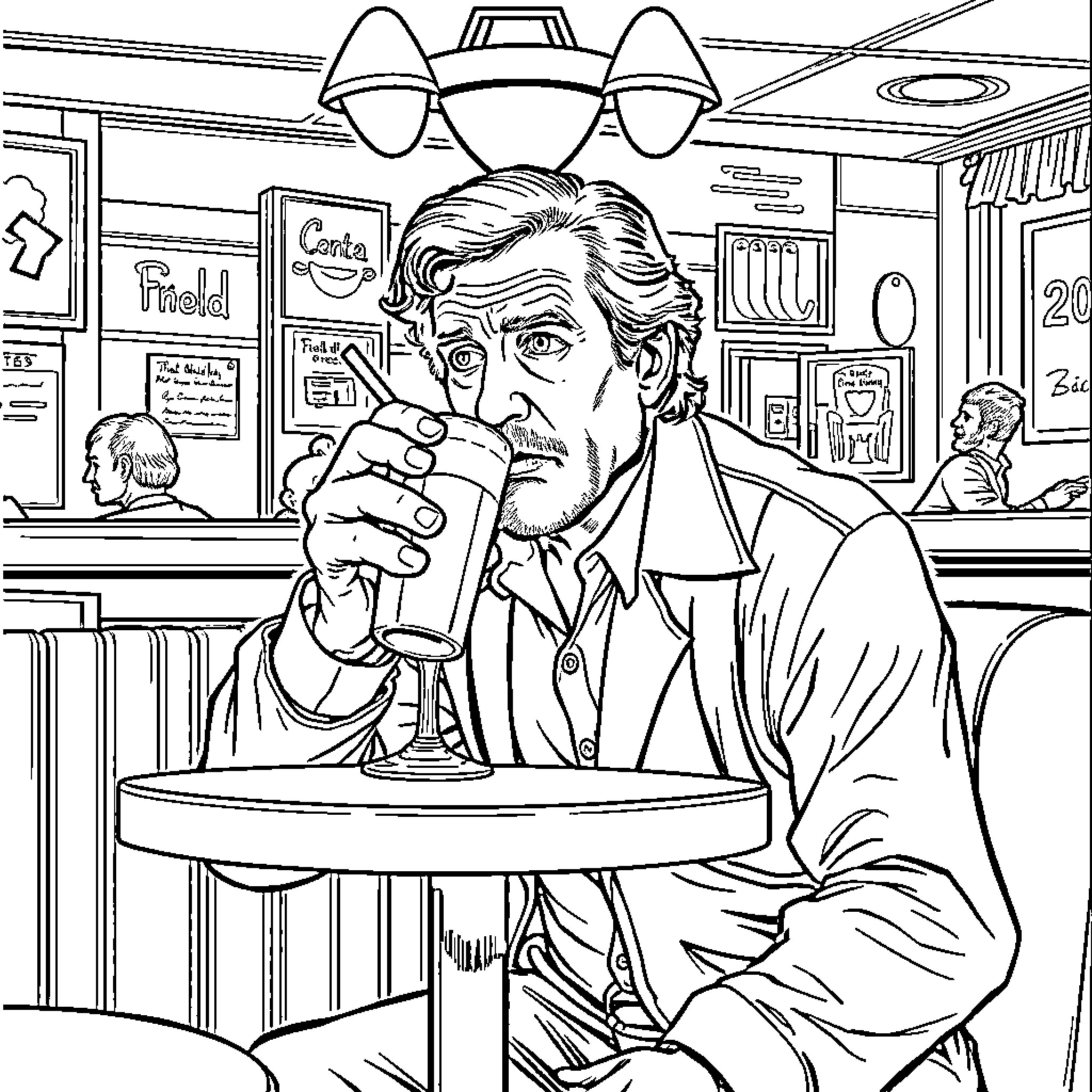 Jack Torrance Drinking Alone at a Bar Coloring Page (free black-and-white line drawing printable PDF for all, from beginners to advanced learners, including children, teens, adults, and seniors)
