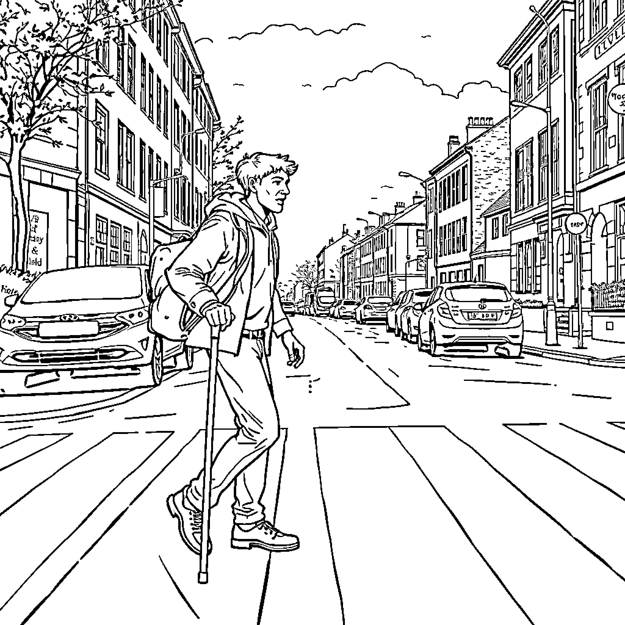Young Man Walking Across City Street Coloring Page (free black-and-white line drawing printable PDF for all, from beginners to advanced learners, including children, teens, adults, and seniors)