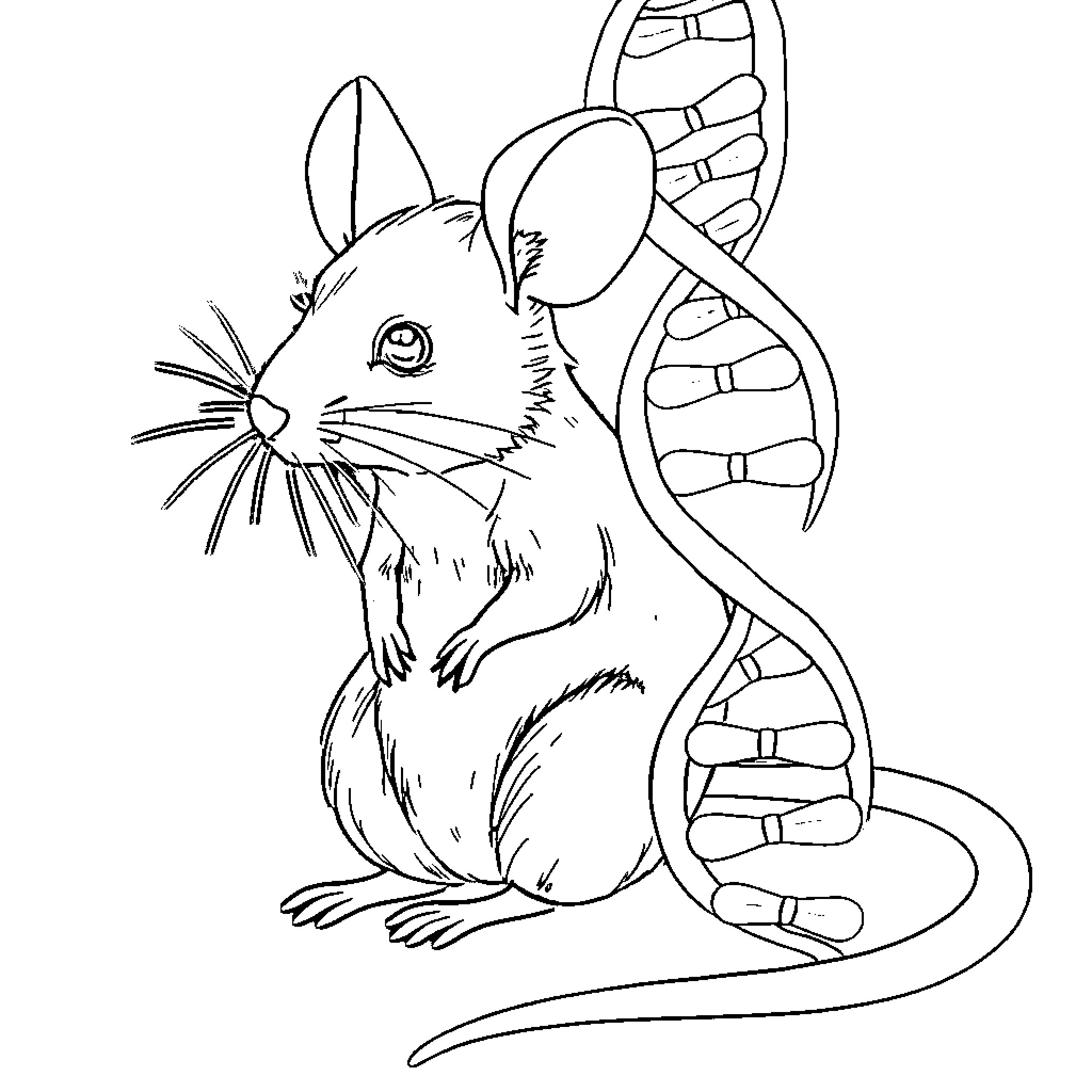 Mouse examining DNA helix Coloring Page (free black-and-white line drawing printable PDF for all, from beginners to advanced learners, including children, teens, adults, and seniors)