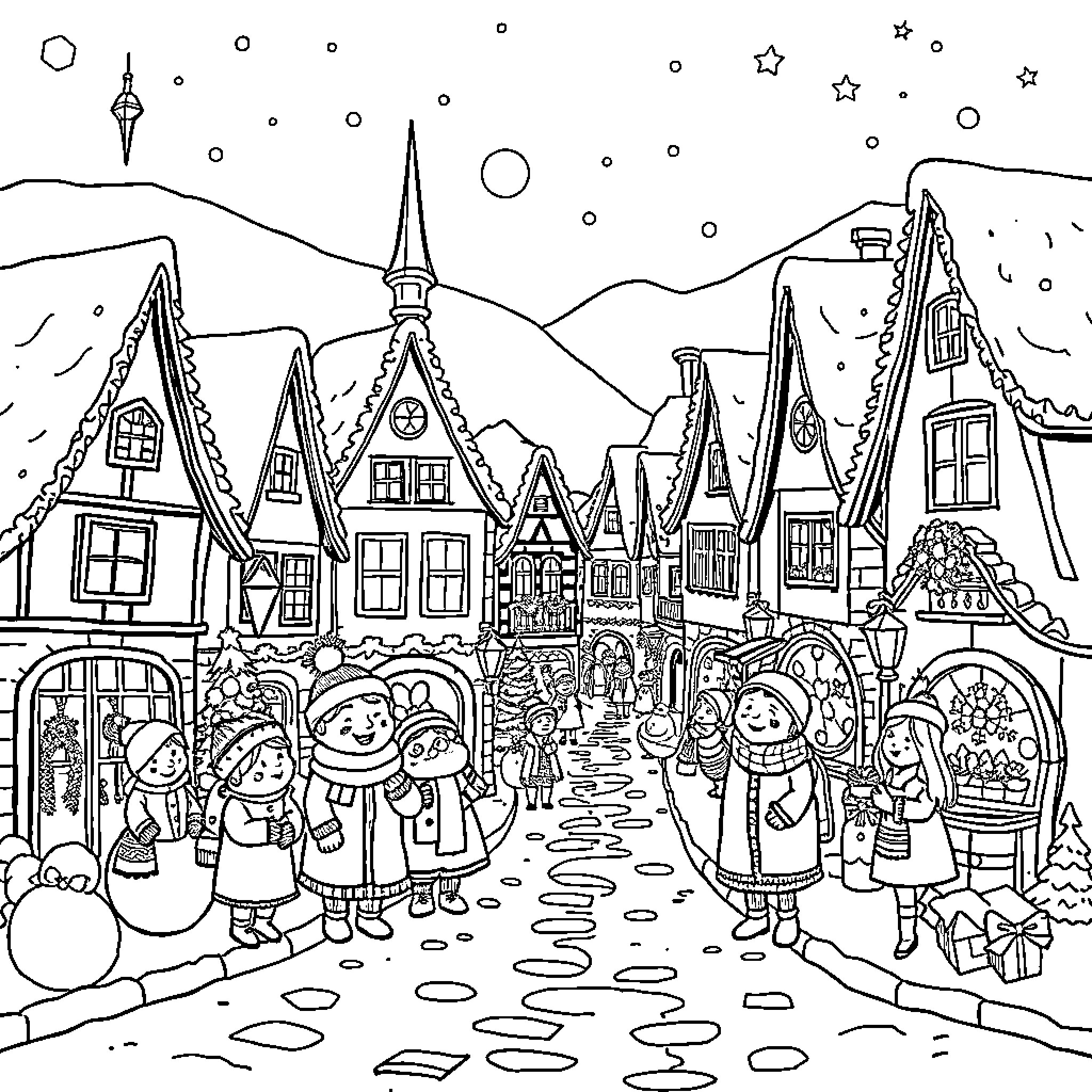 Person in festive winter town with snow and decorations Coloring Page (free black-and-white line drawing printable PDF for all, from beginners to advanced learners, including children, teens, adults, and seniors)