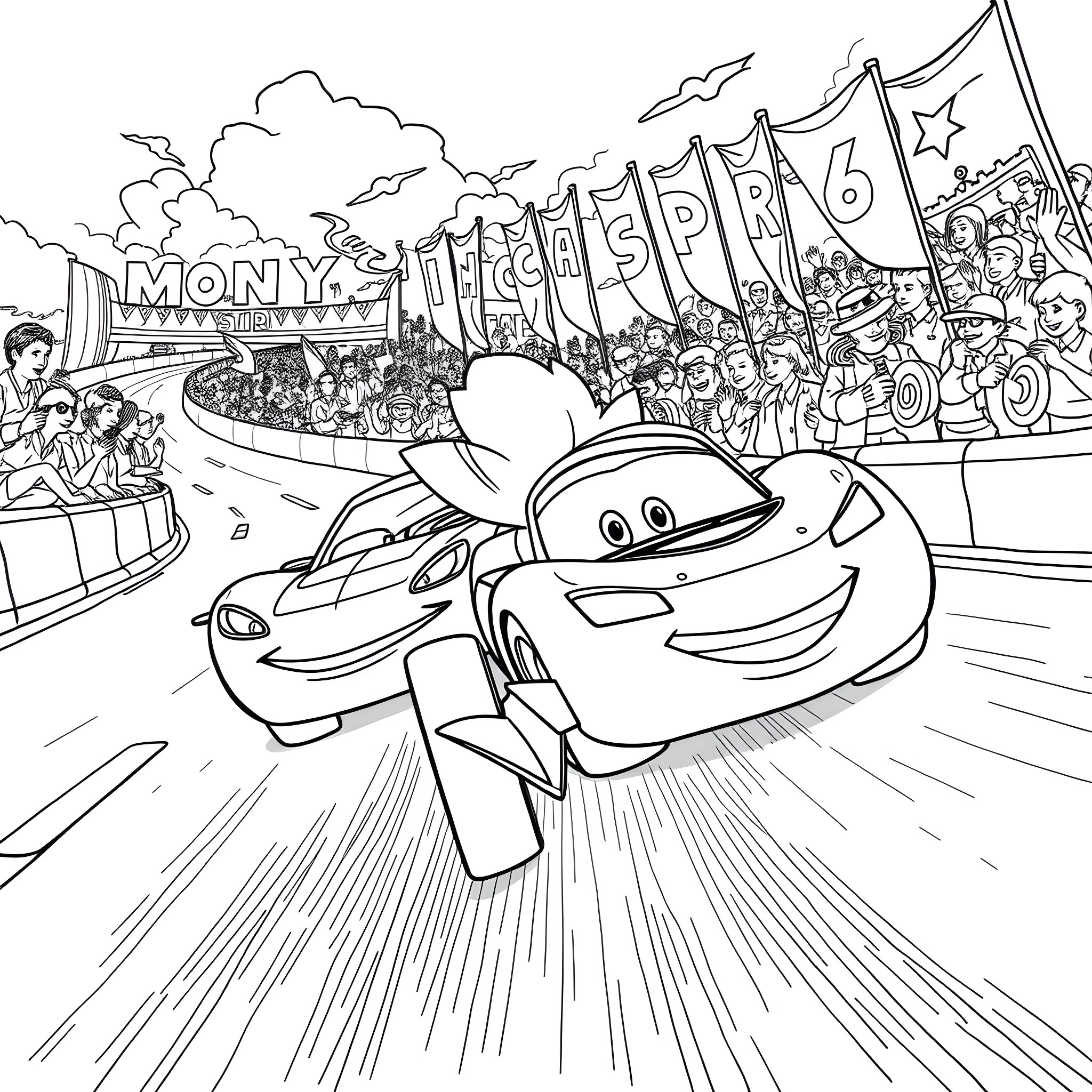 Sonic car racing with crowds in the carnival Coloring Page (free black-and-white line drawing printable PDF for all, from beginners to advanced learners, including children, teens, adults, and seniors)
