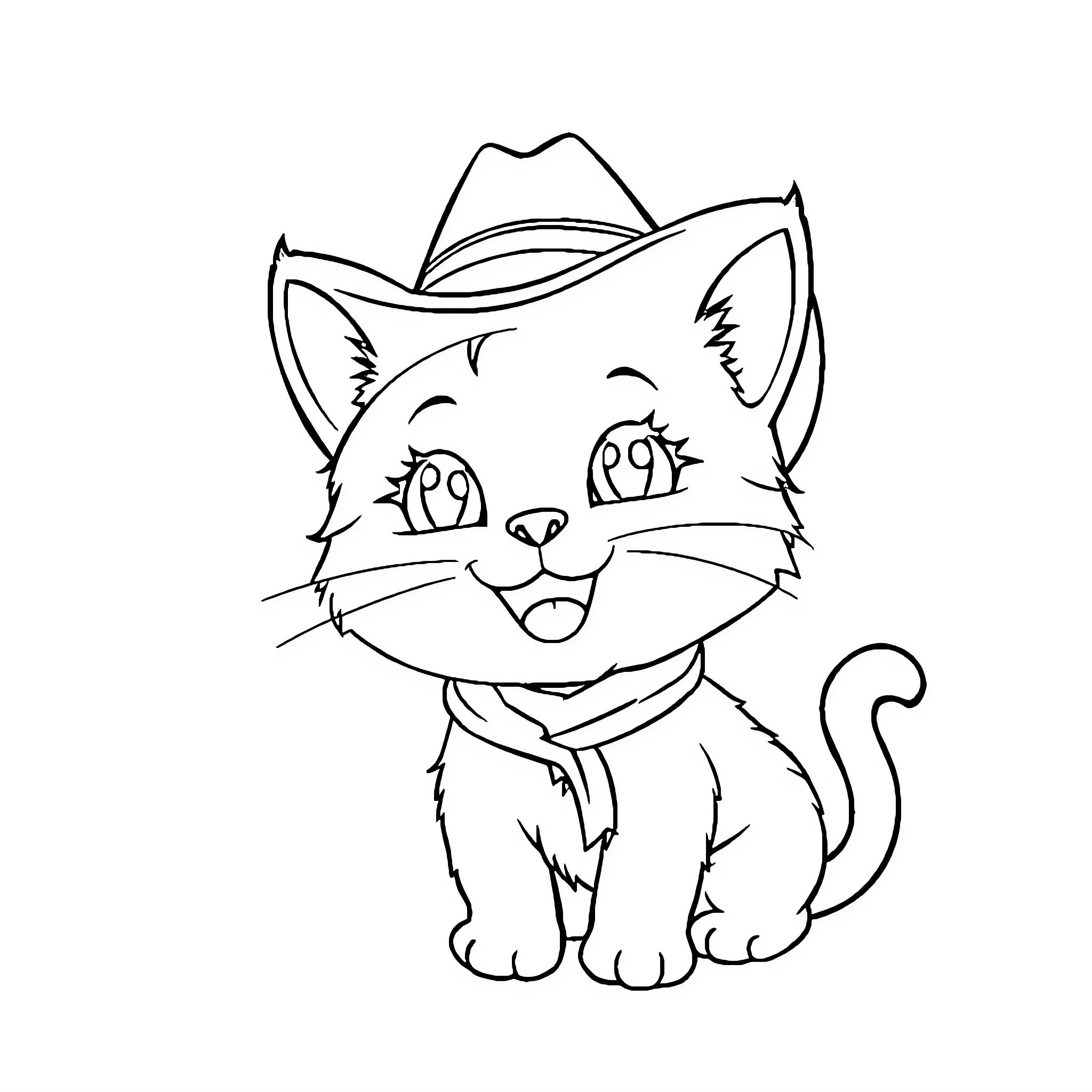 Kitty wearing a cowboy hat with a happy expression Coloring Page (free black-and-white line drawing printable PDF for all, from beginners to advanced learners, including children, teens, adults, and seniors)