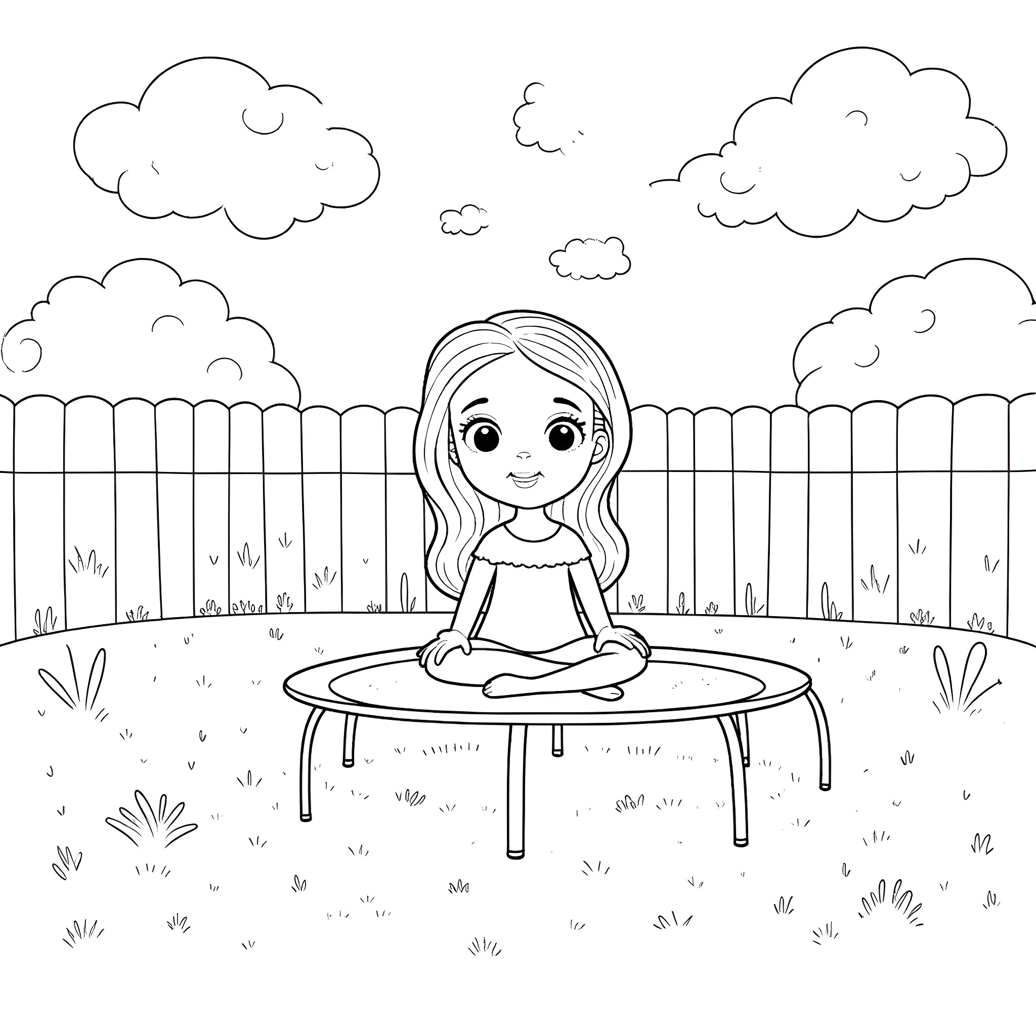 Dollhouse: Girl meditating on a trampoline in a backyard Coloring Page (free black-and-white line drawing printable PDF for all, from beginners to advanced learners, including children, teens, adults, and seniors)
