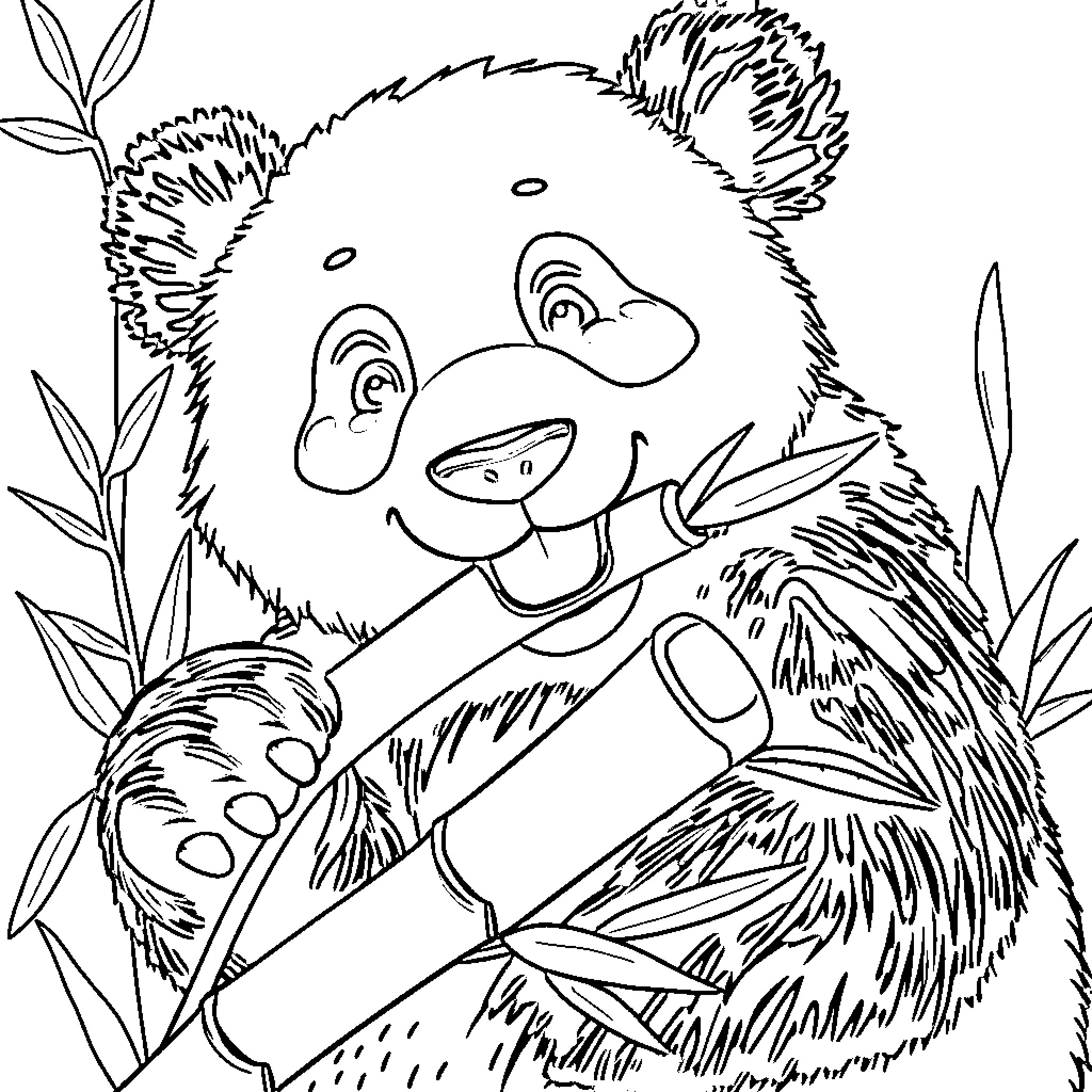 Panda Enjoying Bamboo Leaves in the Wild Coloring Page (free black-and-white line drawing printable PDF for all, from beginners to advanced learners, including children, teens, adults, and seniors)