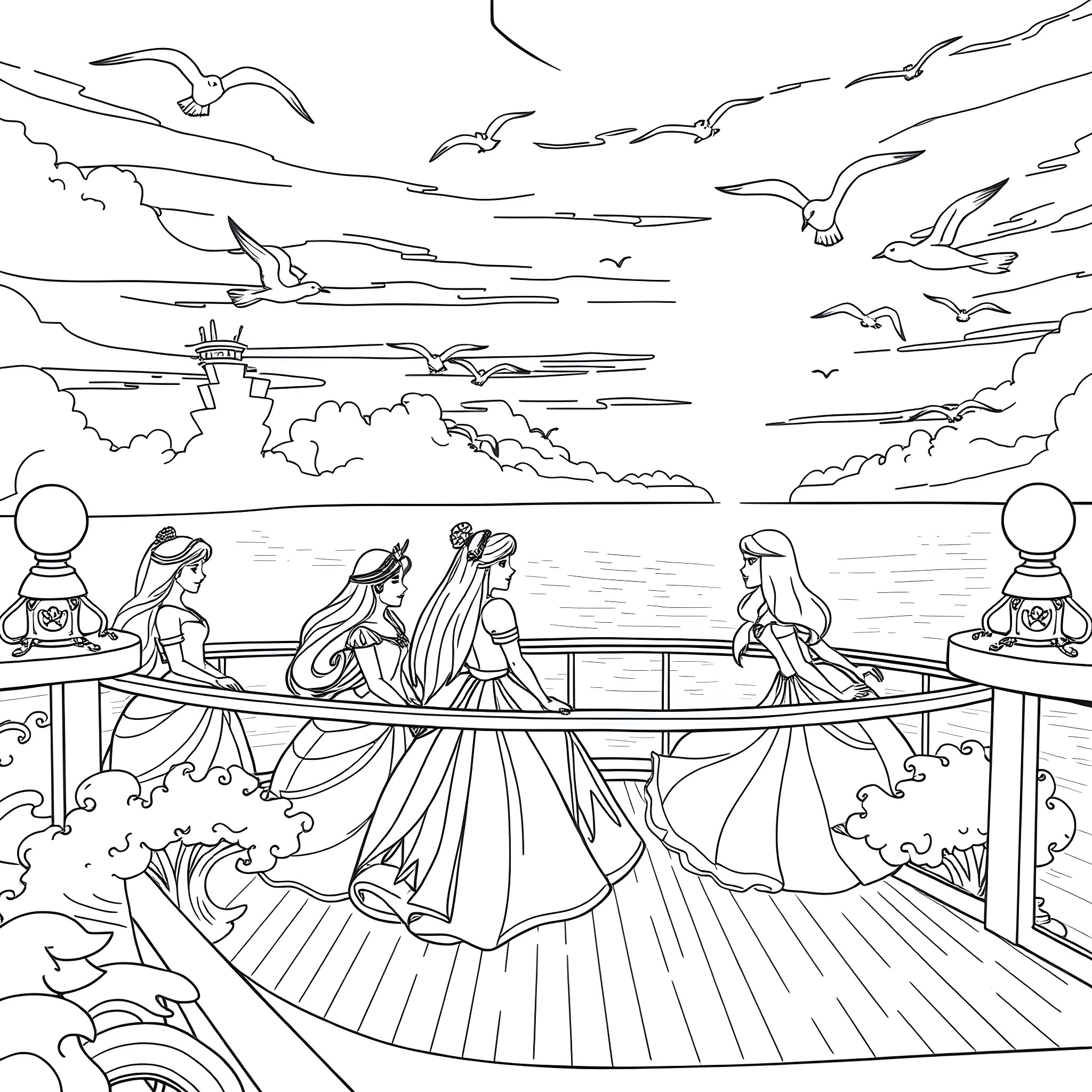 Disney Princess Moment on Enchanted Dock by the Sea Coloring Page (free black-and-white line drawing printable PDF for all, from beginners to advanced learners, including children, teens, adults, and seniors)