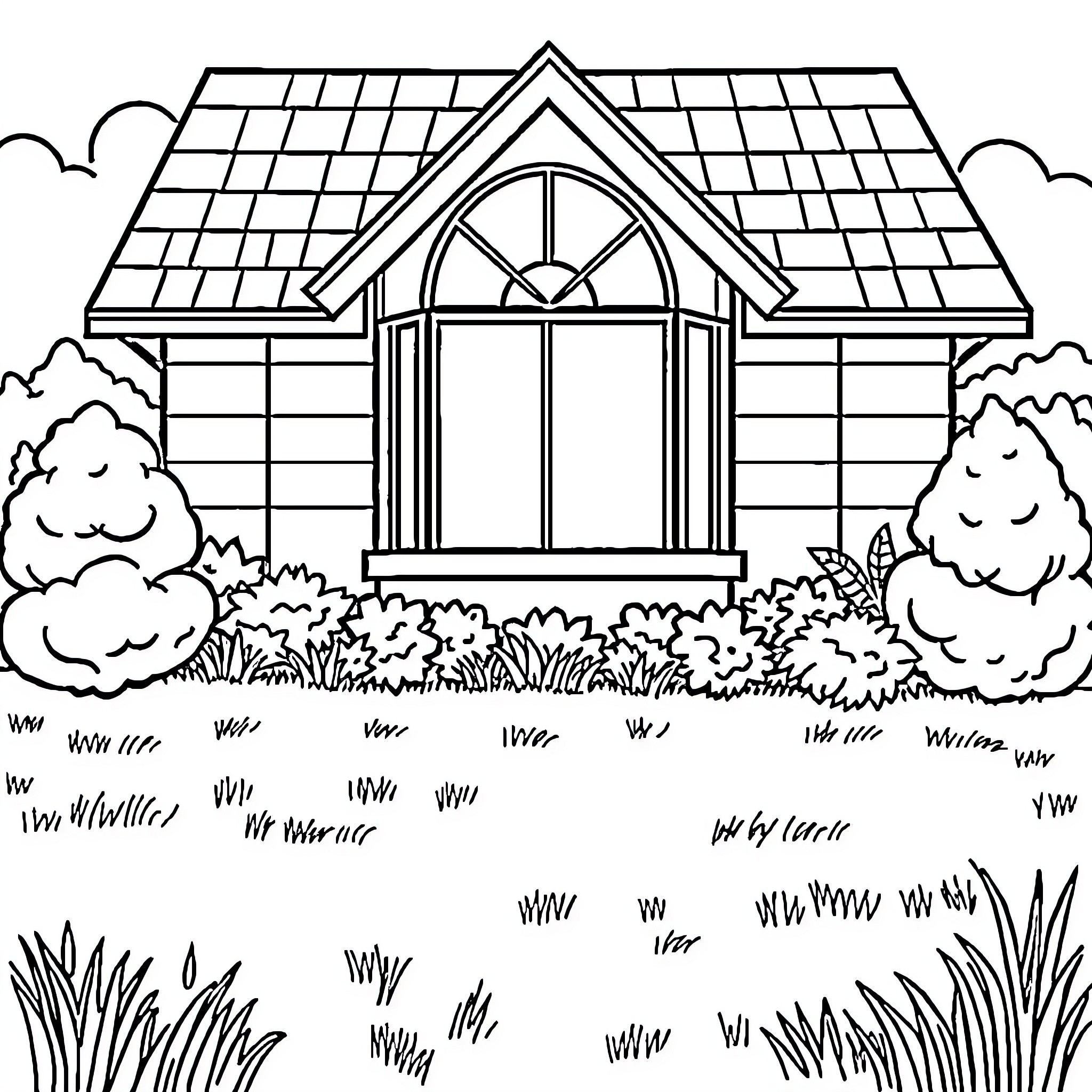 Lawn scene with a charming cottage in the distance Coloring Page (free black-and-white line drawing printable PDF for all, from beginners to advanced learners, including children, teens, adults, and seniors)