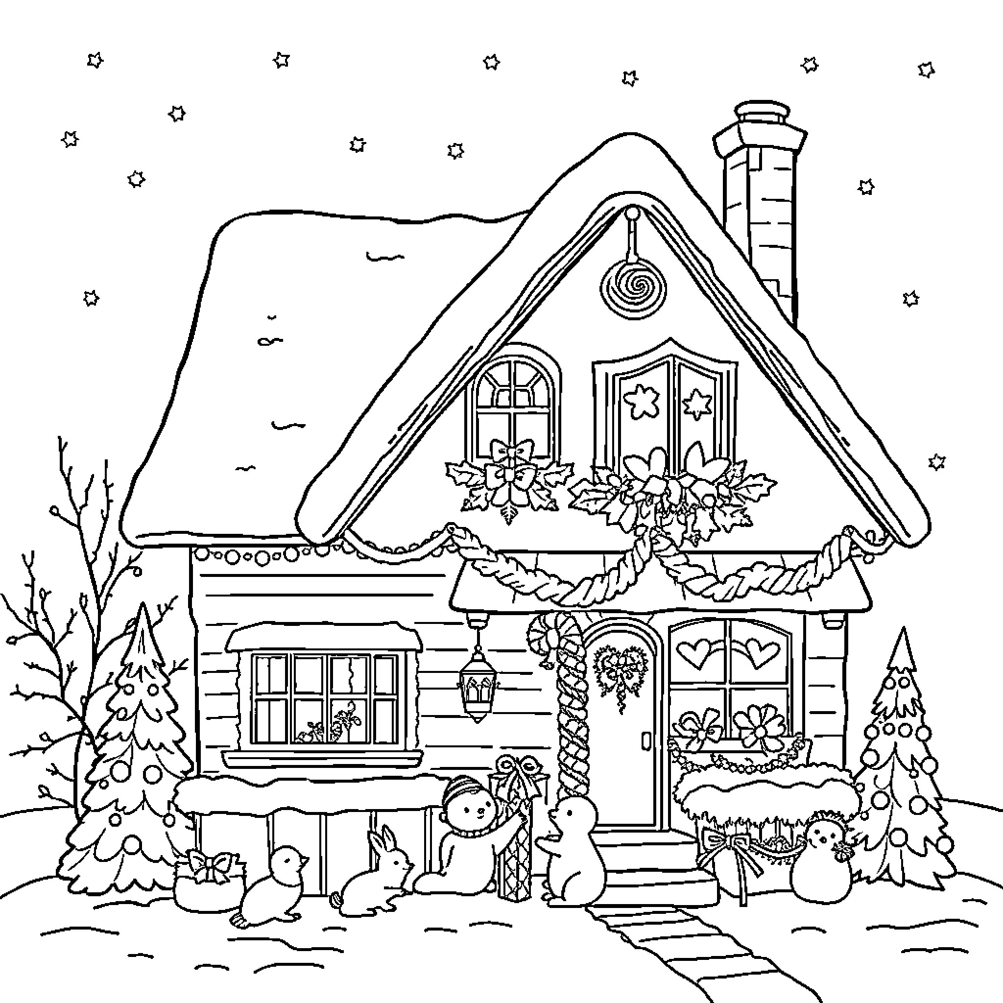 Maison of Holiday Cheer Coloring Page (free black-and-white line drawing printable PDF for all, from beginners to advanced learners, including children, teens, adults, and seniors)