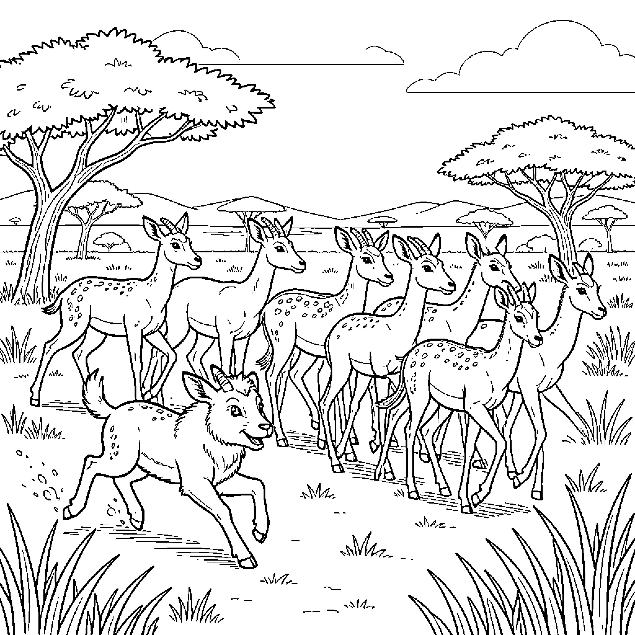 Lion prey animals running through the savanna landscape Coloring Page (free black-and-white line drawing printable PDF for all, from beginners to advanced learners, including children, teens, adults, and seniors)