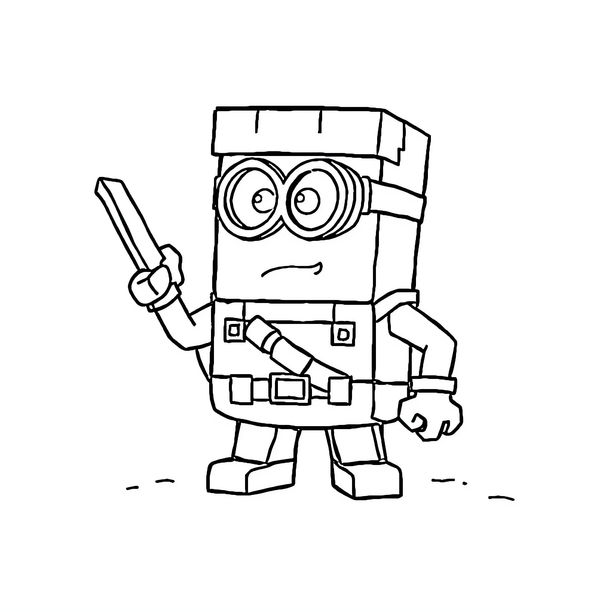 Minecraft Minion with sword ready for adventure Coloring Page (free black-and-white line drawing printable PDF for all, from beginners to advanced learners, including children, teens, adults, and seniors)