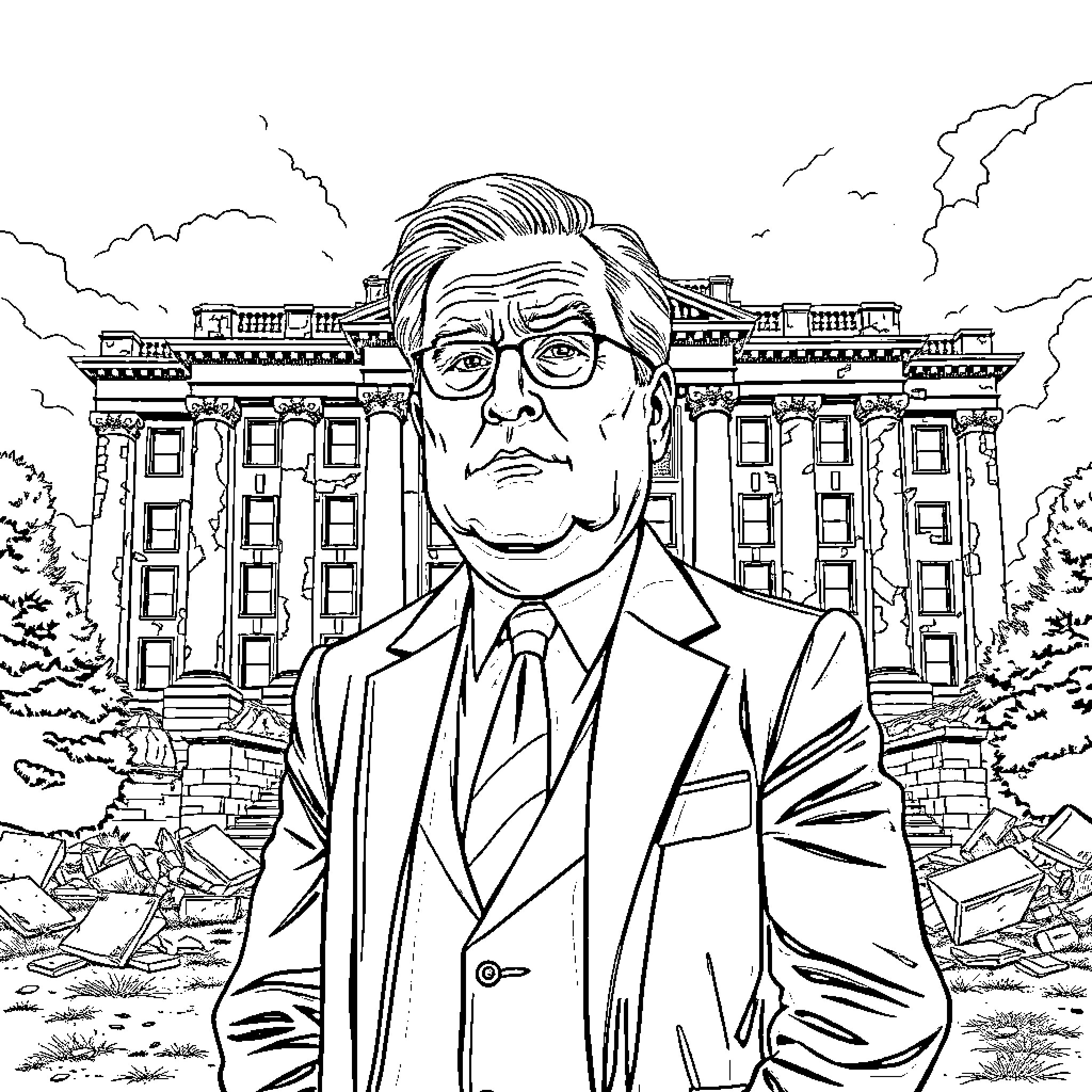 Man in Suit Standing Outside Government Building Coloring Page (free black-and-white line drawing printable PDF for all, from beginners to advanced learners, including children, teens, adults, and seniors)