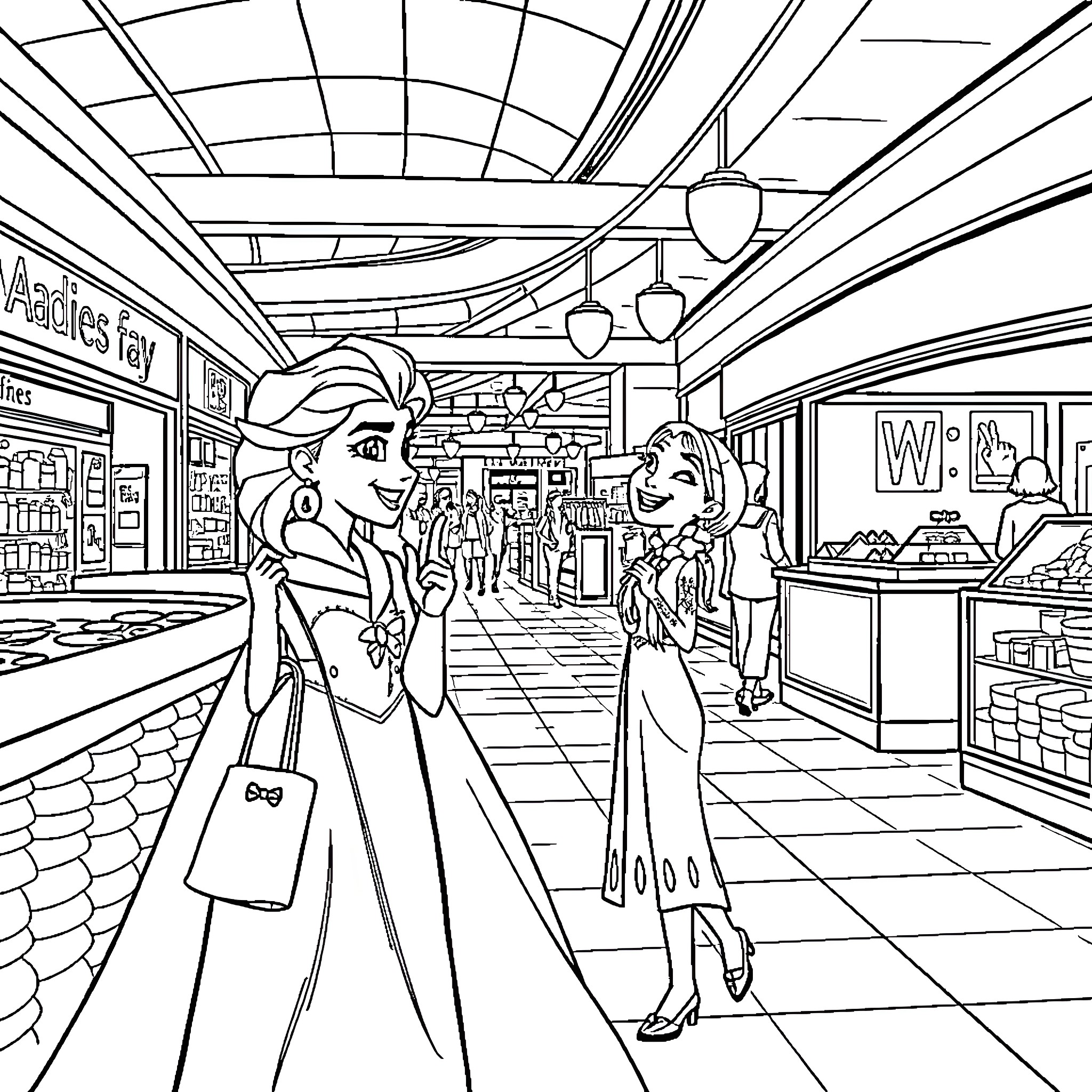 Elsa and Anna explore a lively marketplace Coloring Page (free black-and-white line drawing printable PDF for all, from beginners to advanced learners, including children, teens, adults, and seniors)