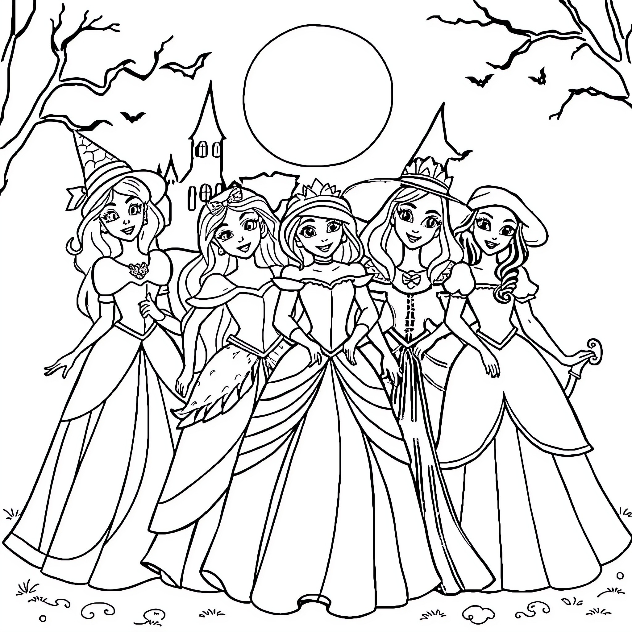 Disney Princesses Celebrating in Enchanting Setting Coloring Page (free black-and-white line drawing printable PDF for all, from beginners to advanced learners, including children, teens, adults, and seniors)