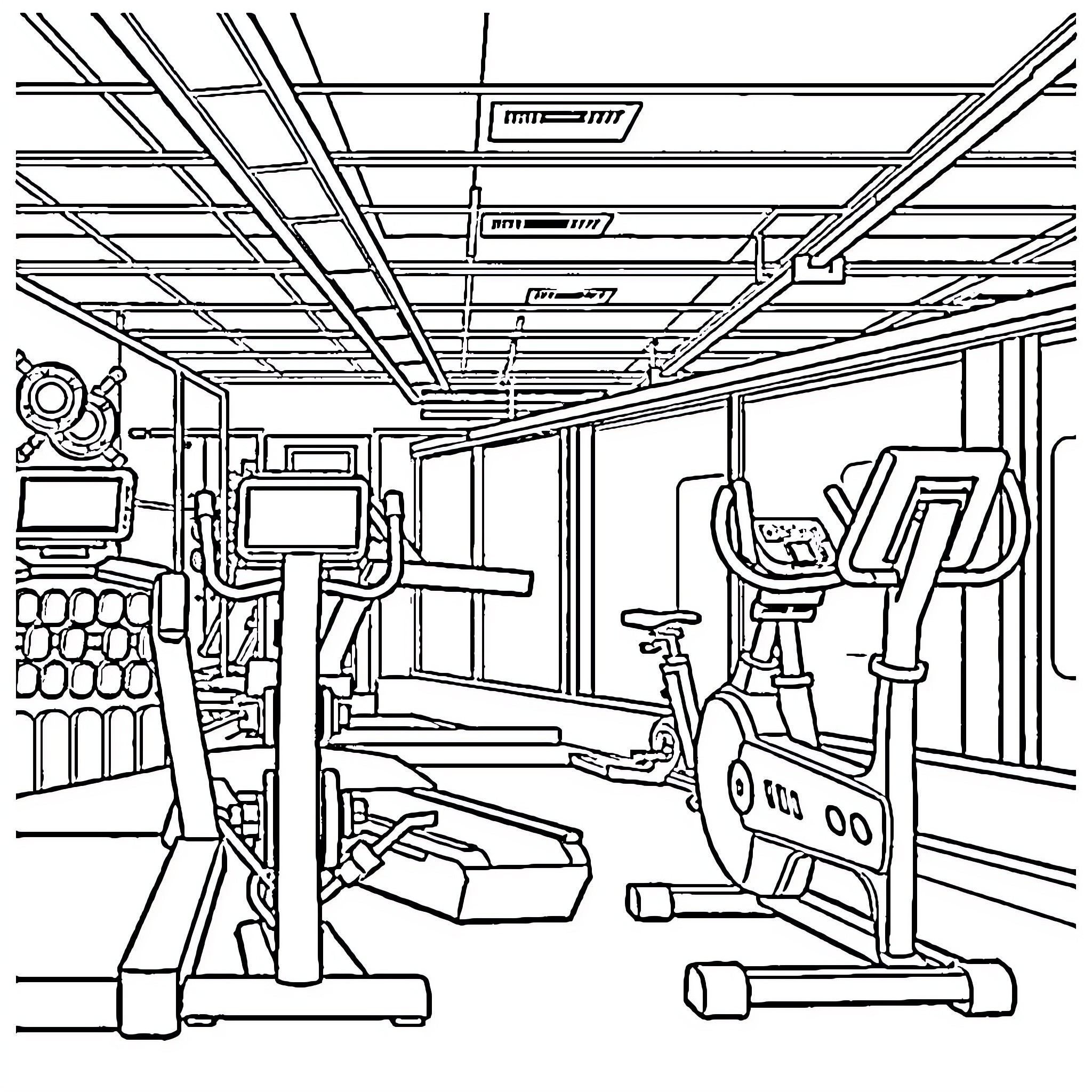 Gym Equipment in a Fitness Studio Coloring Page (free black-and-white line drawing printable PDF for all, from beginners to advanced learners, including children, teens, adults, and seniors)