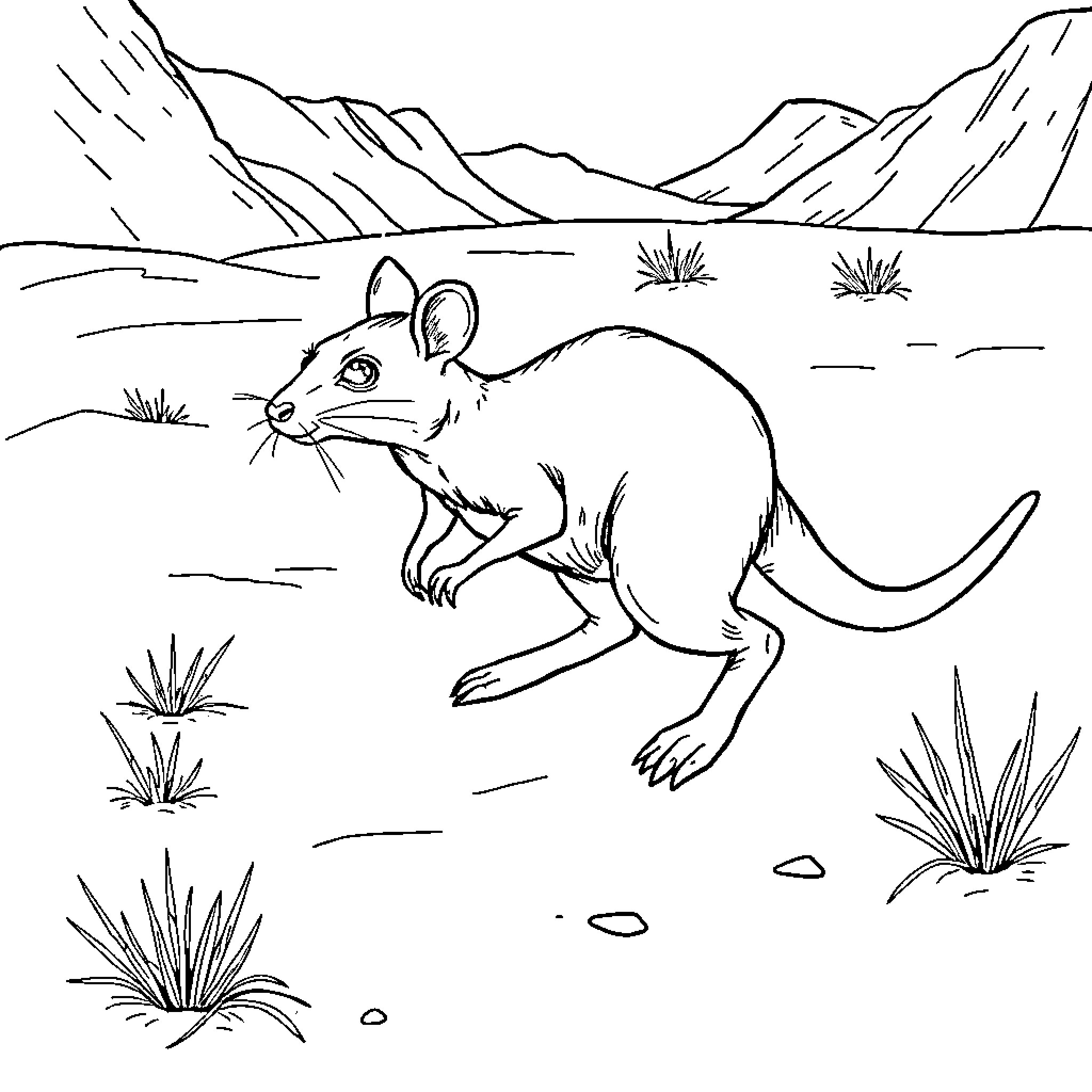 Kangaroo Rat exploring desert landscape Coloring Page (free black-and-white line drawing printable PDF for all, from beginners to advanced learners, including children, teens, adults, and seniors)