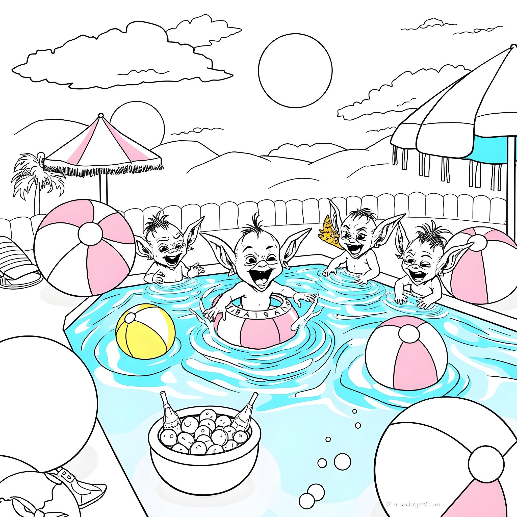 Goblin Goblins Having Fun in the Pool Coloring Page (free black-and-white line drawing printable PDF for all, from beginners to advanced learners, including children, teens, adults, and seniors)