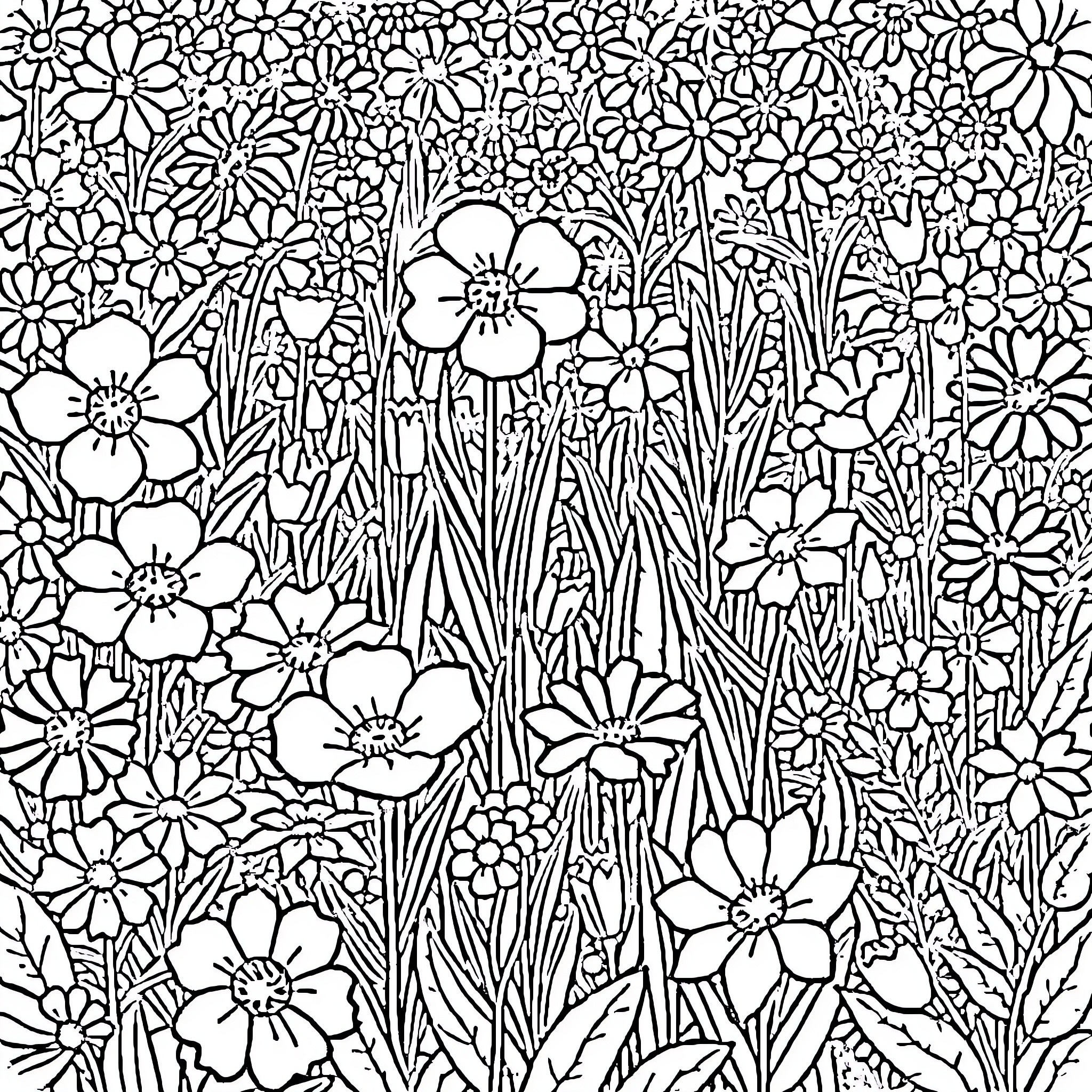Flower field of blooming floral patterns Coloring Page (free black-and-white line drawing printable PDF for all, from beginners to advanced learners, including children, teens, adults, and seniors)