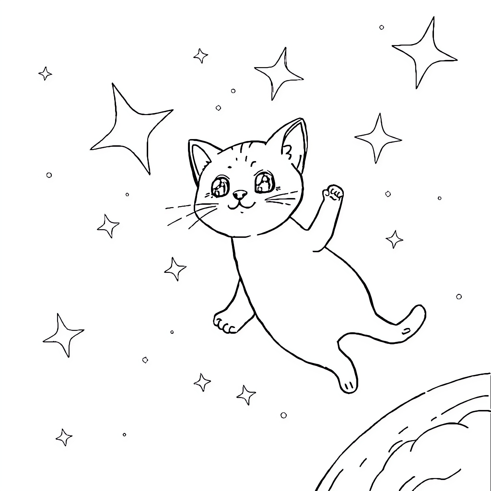 Cat Reaching for Sparkling Stars in the Night Sky Coloring Page (free black-and-white line drawing printable PDF for all, from beginners to advanced learners, including children, teens, adults, and seniors)