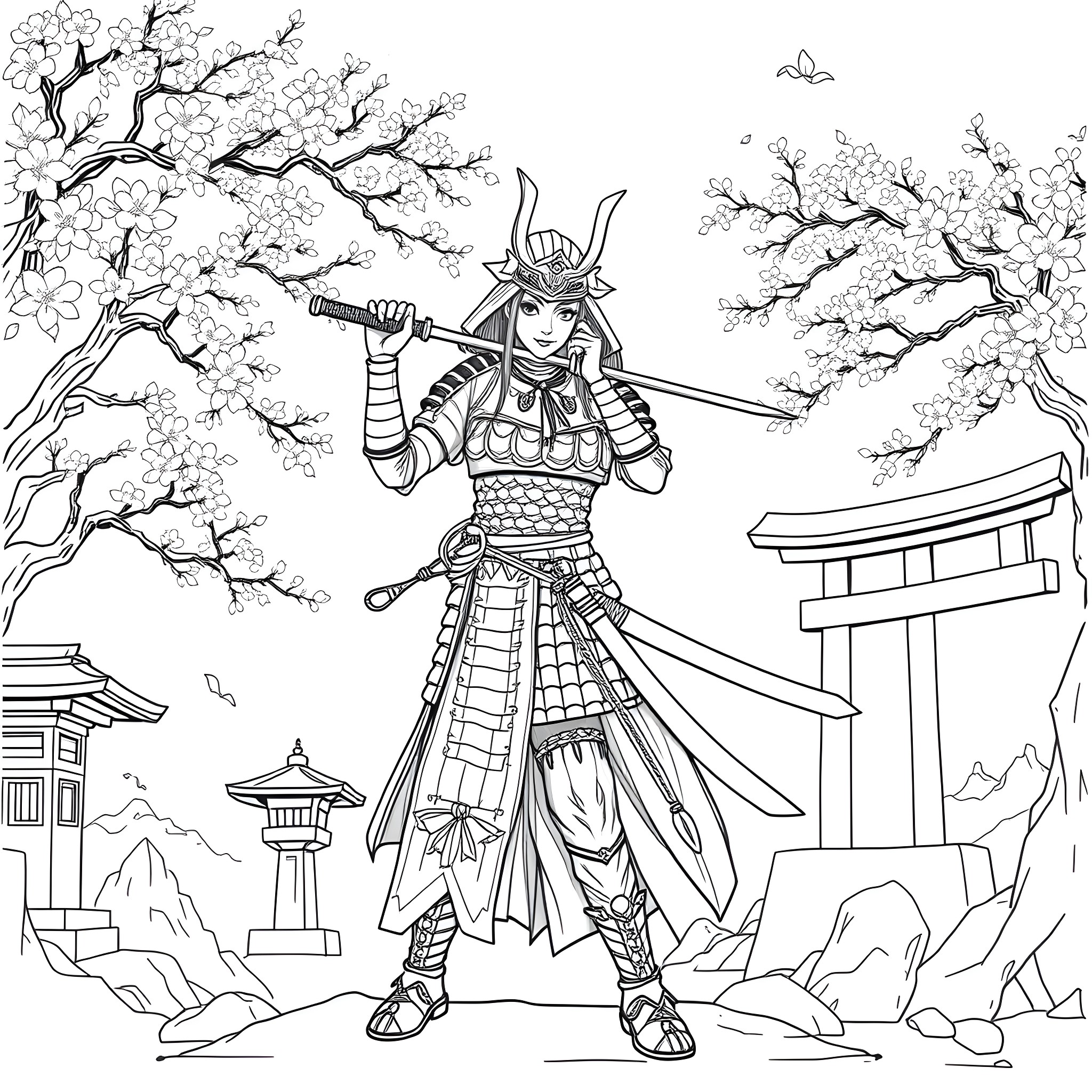 Samurai Warrior Wielding Sword Amidst Cherry Blossoms Coloring Page (free black-and-white line drawing printable PDF for all, from beginners to advanced learners, including children, teens, adults, and seniors)