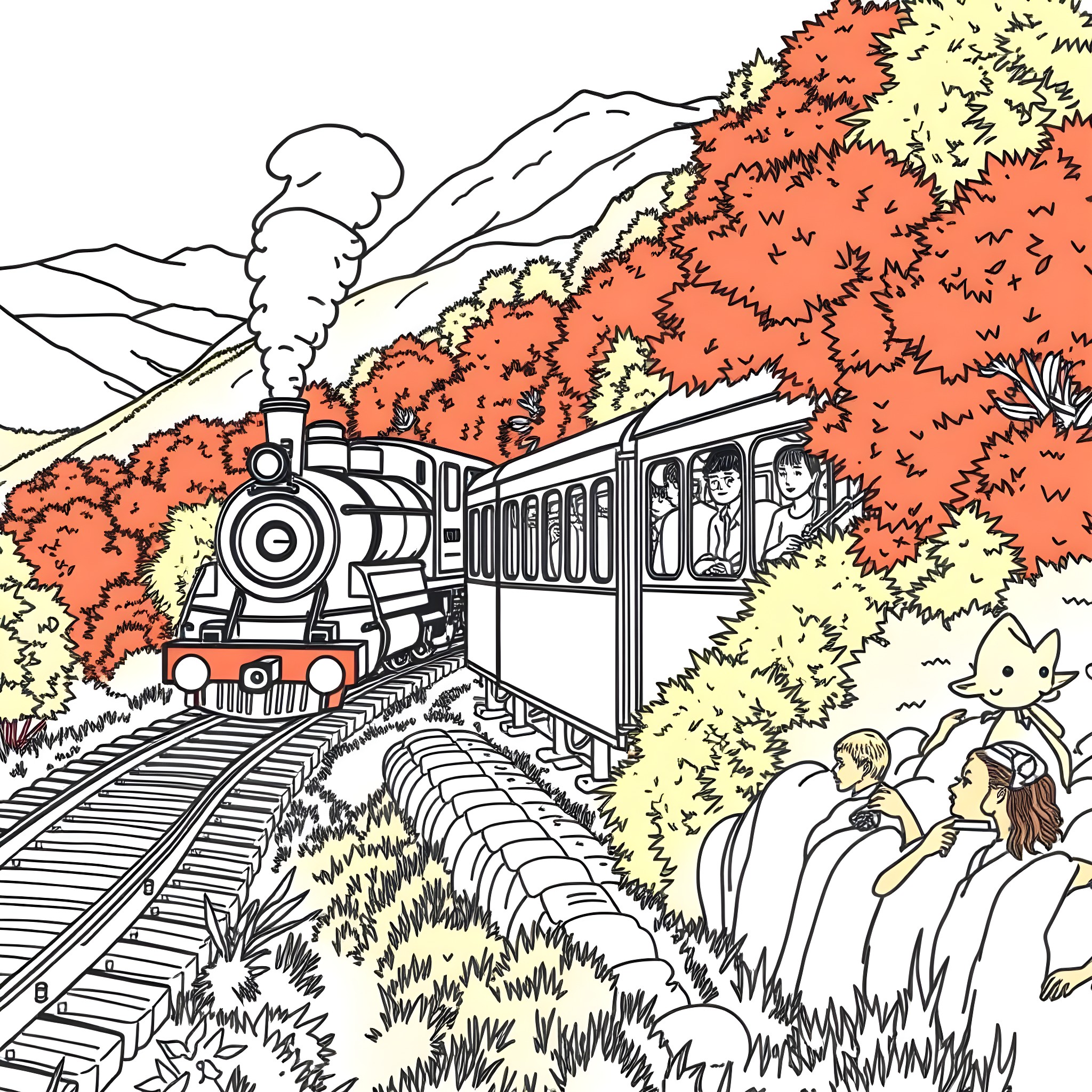 Train Rides Through Scenic Autumn Landscape Coloring Page (free black-and-white line drawing printable PDF for all, from beginners to advanced learners, including children, teens, adults, and seniors)