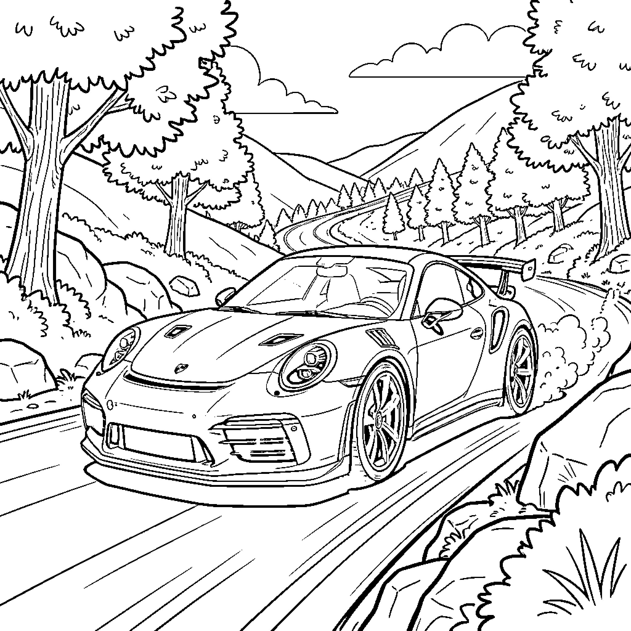 Porsche sports car speeding through scenic mountain roads Coloring Page (free black-and-white line drawing printable PDF for all, from beginners to advanced learners, including children, teens, adults, and seniors)