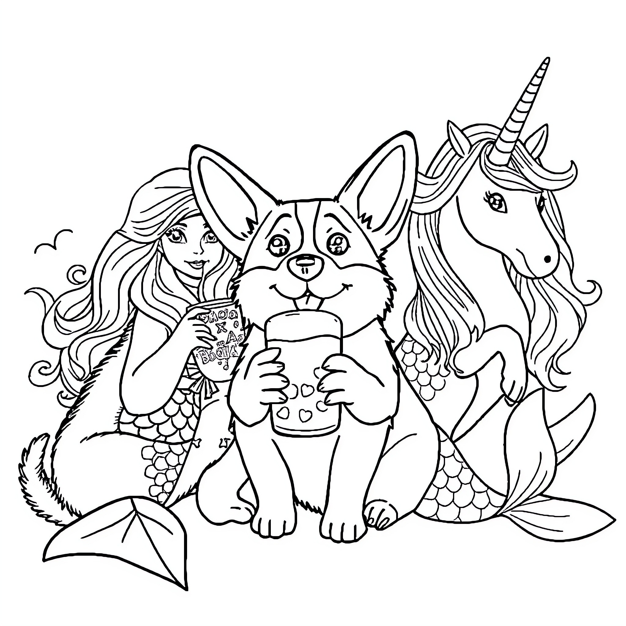 Corgi enjoying fantasy world with mermaid and unicorn Coloring Page (free black-and-white line drawing printable PDF for all, from beginners to advanced learners, including children, teens, adults, and seniors)