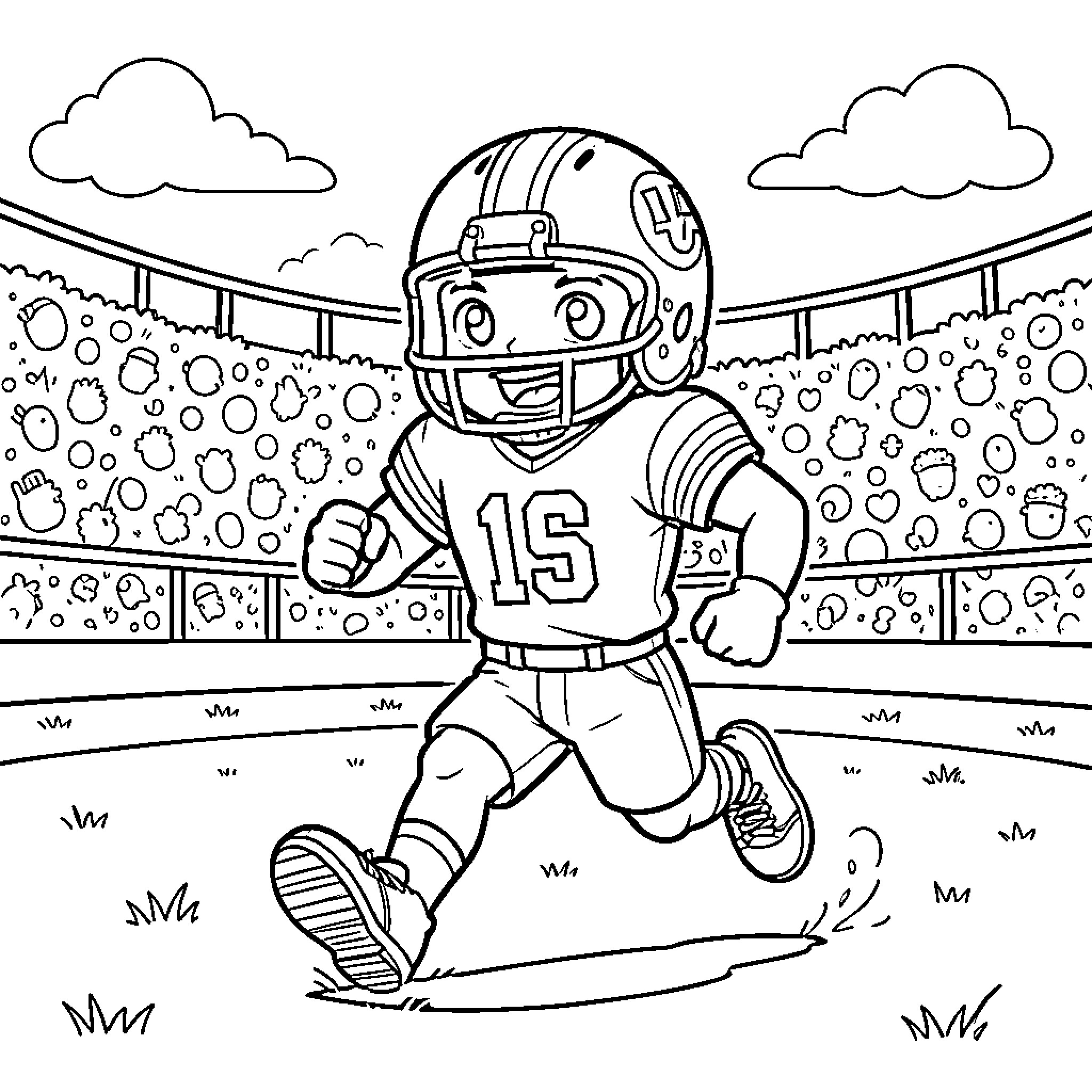 Chopper running excitedly on a football field Coloring Page (free black-and-white line drawing printable PDF for all, from beginners to advanced learners, including children, teens, adults, and seniors)