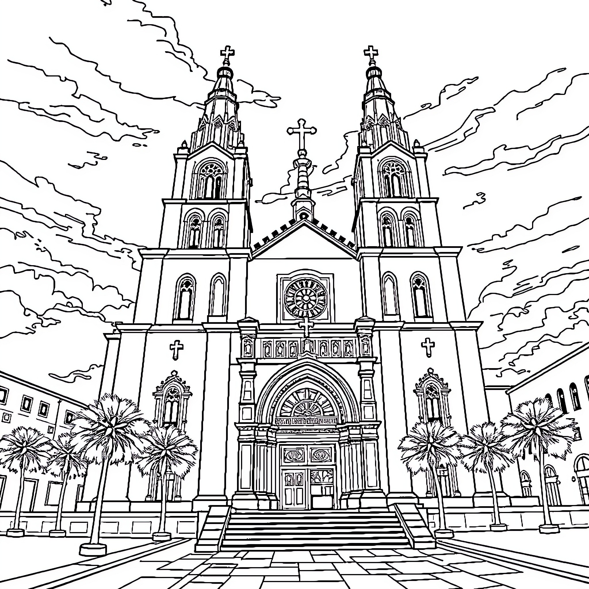 Catedral with Intricate Architecture and Ornate Details Coloring Page (free black-and-white line drawing printable PDF for all, from beginners to advanced learners, including children, teens, adults, and seniors)