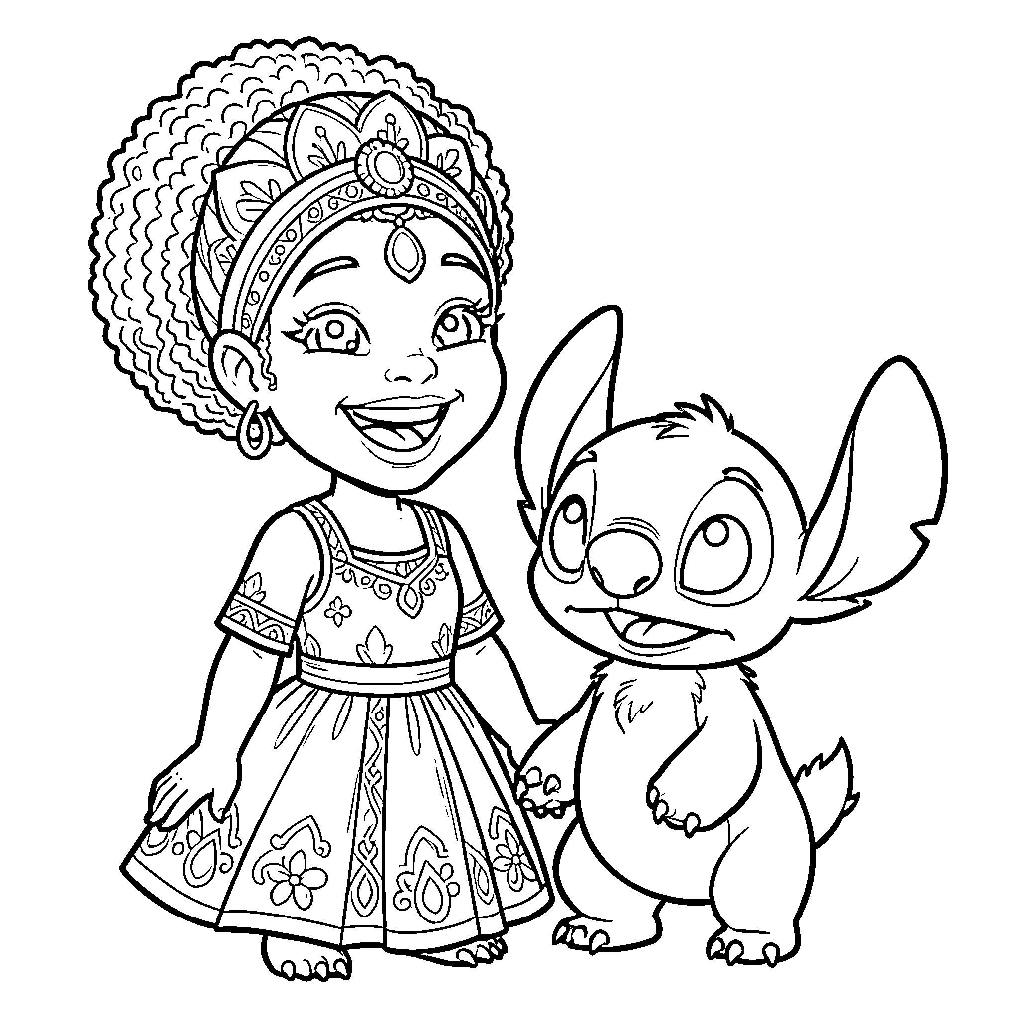 Princess and her Playful Companion Coloring Page (free black-and-white line drawing printable PDF for all, from beginners to advanced learners, including children, teens, adults, and seniors)