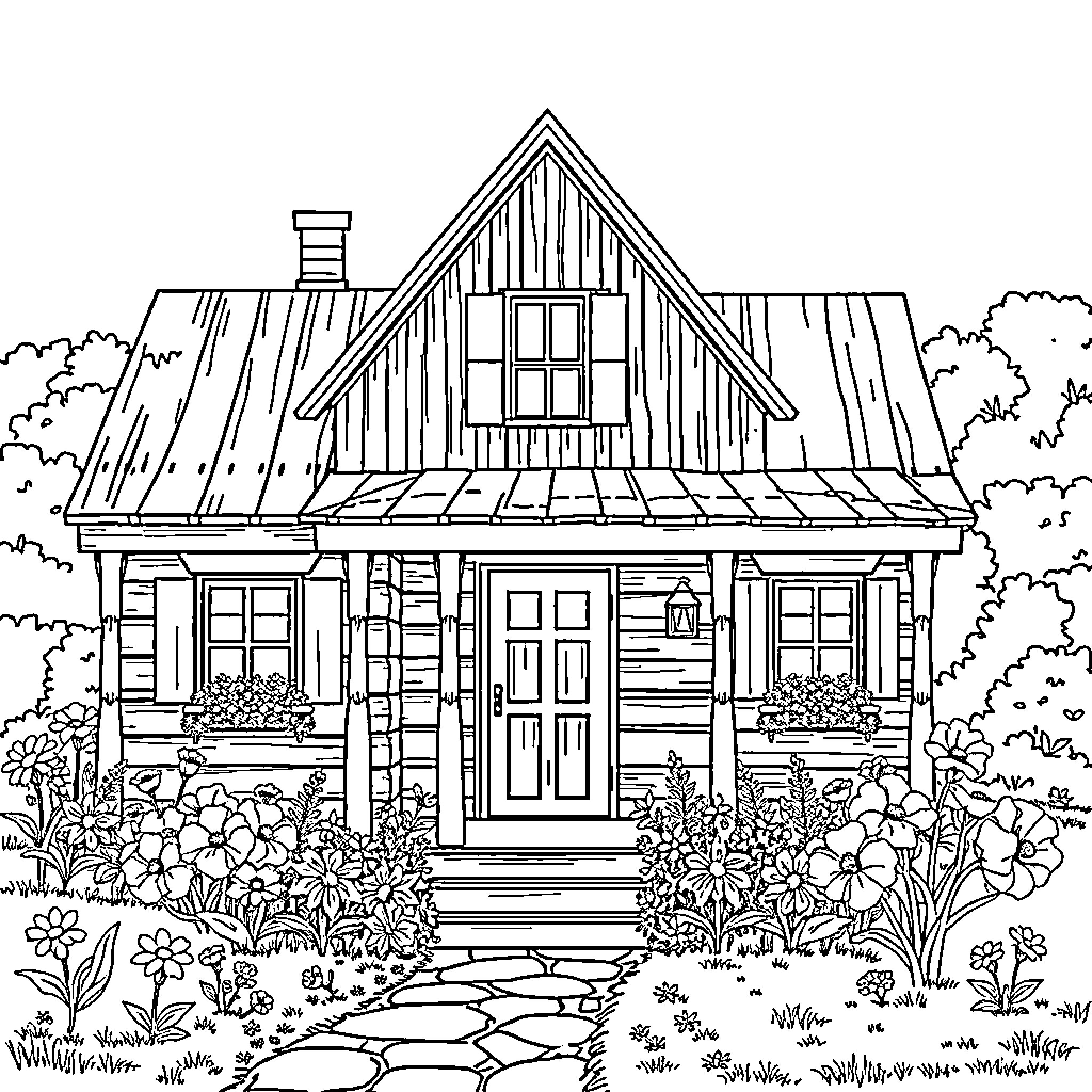 Farmhouse with Charming Floral Garden Coloring Page (free black-and-white line drawing printable PDF for all, from beginners to advanced learners, including children, teens, adults, and seniors)