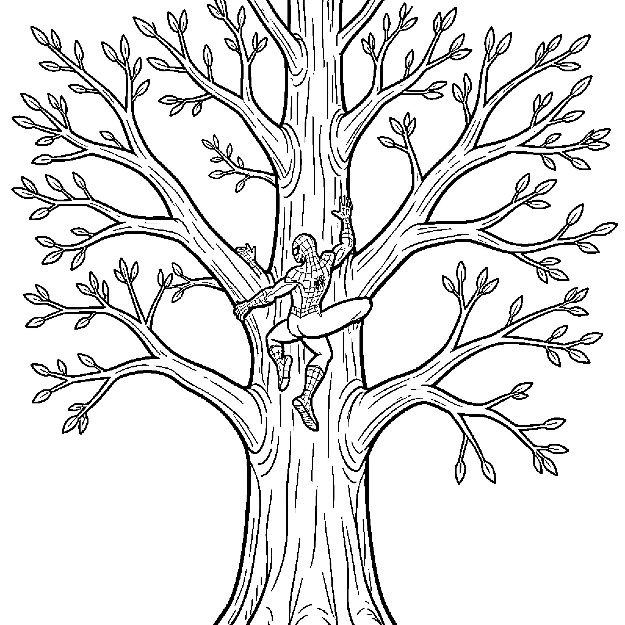 Spiderman climbing up a large leafy tree Coloring Page (free black-and-white line drawing printable PDF for all, from beginners to advanced learners, including children, teens, adults, and seniors)
