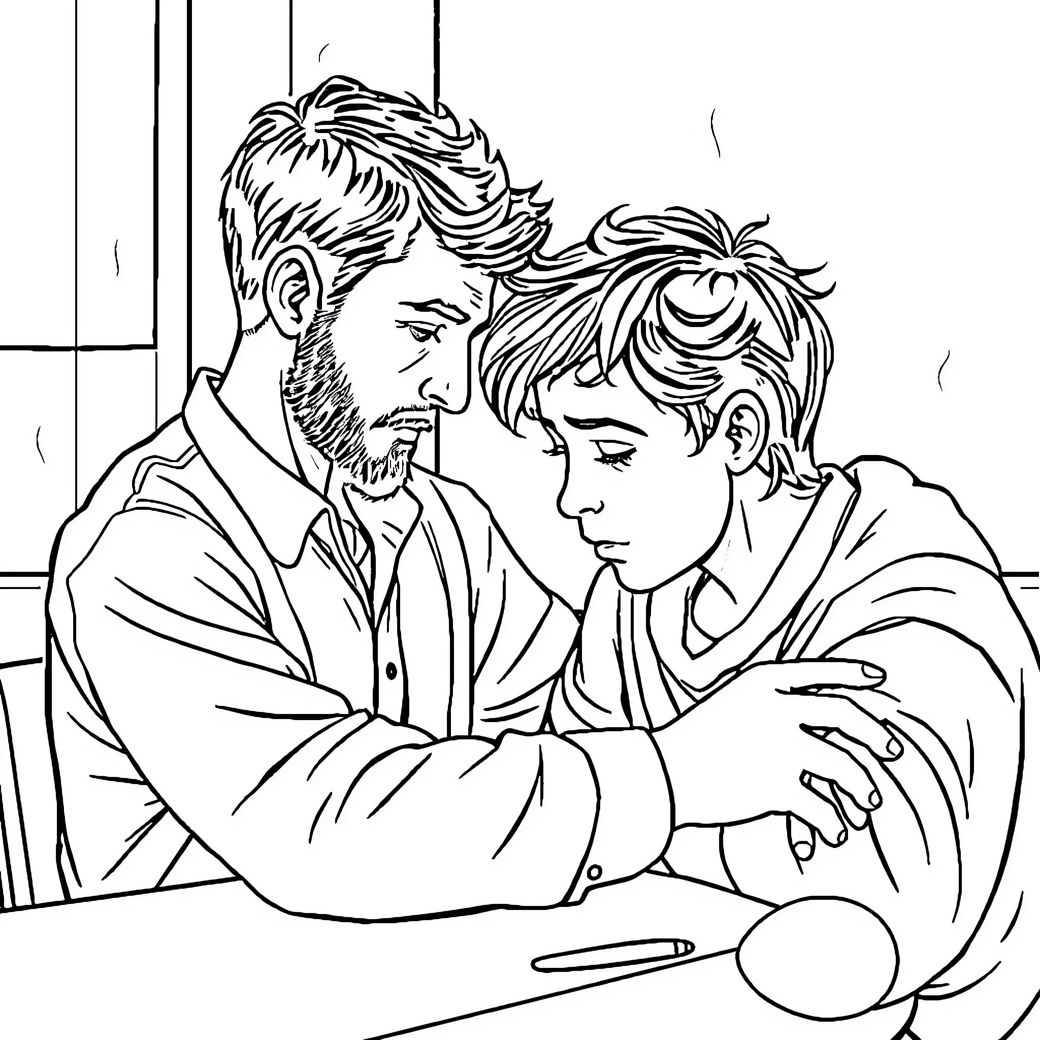 Jesus comforting a distressed individual Coloring Page (free black-and-white line drawing printable PDF for all, from beginners to advanced learners, including children, teens, adults, and seniors)