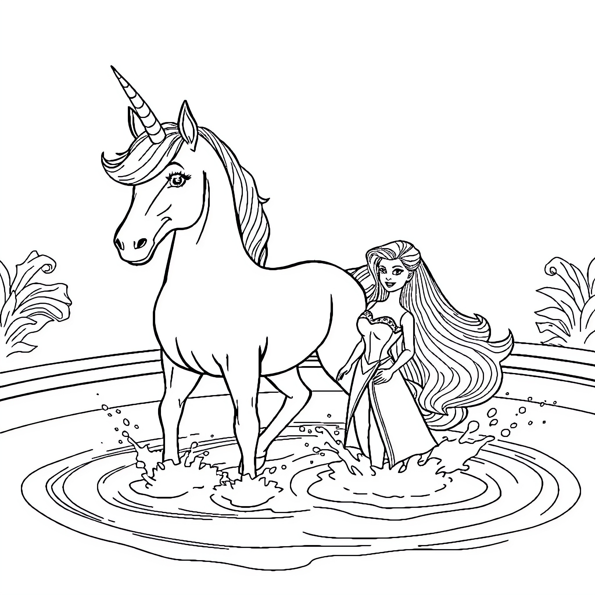 Unicorn and fairy in enchanted pond Coloring Page (free black-and-white line drawing printable PDF for all, from beginners to advanced learners, including children, teens, adults, and seniors)