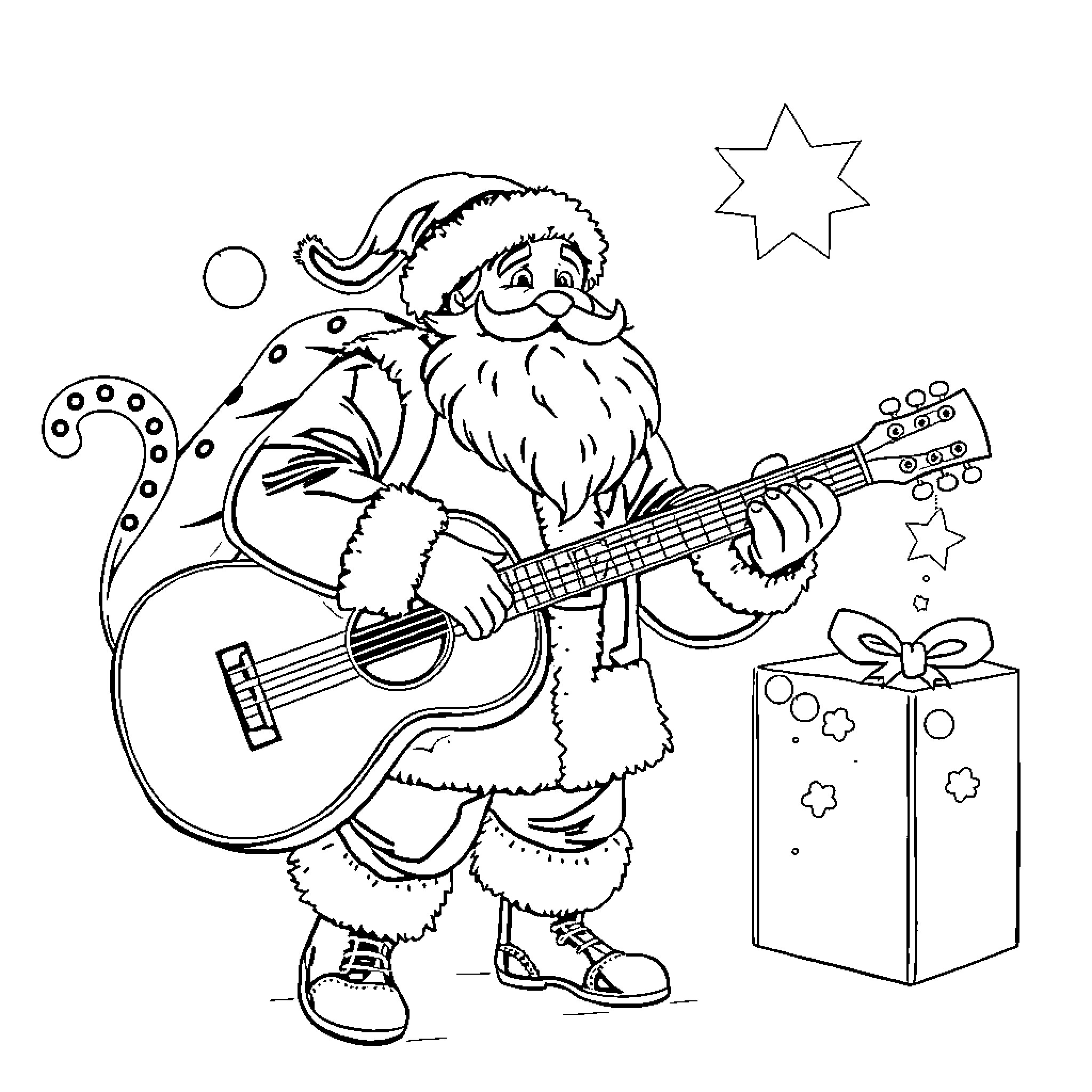 Père Noël playing guitar and holding gift box Coloring Page (free black-and-white line drawing printable PDF for all, from beginners to advanced learners, including children, teens, adults, and seniors)
