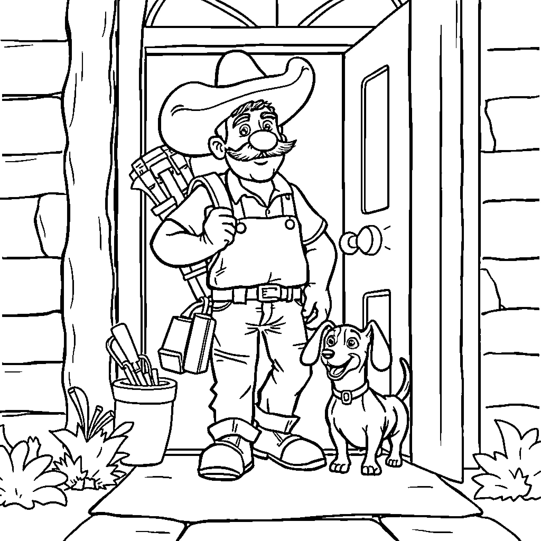 Man standing at the door with his dog Coloring Page (free black-and-white line drawing printable PDF for all, from beginners to advanced learners, including children, teens, adults, and seniors)