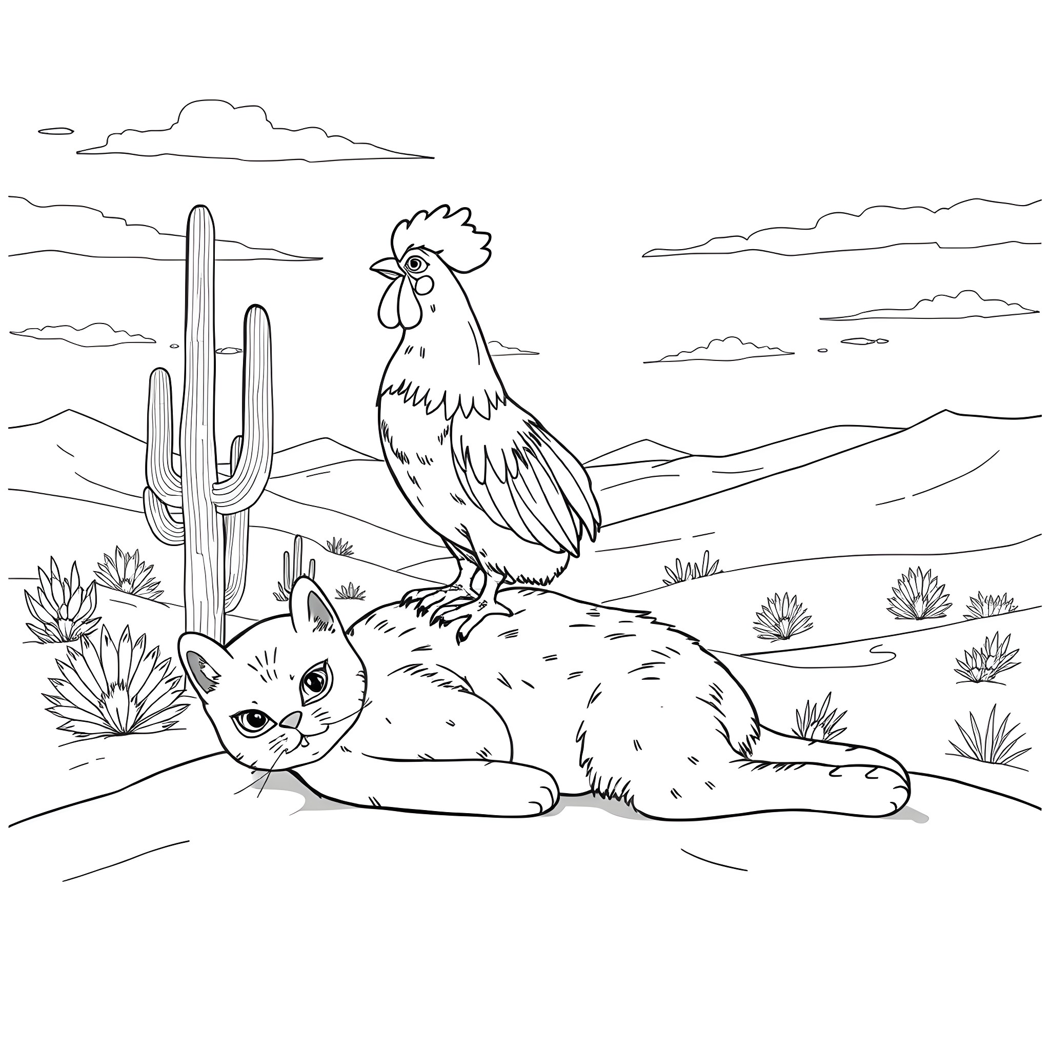 Chicken and cat in desert landscape Coloring Page (free black-and-white line drawing printable PDF for all, from beginners to advanced learners, including children, teens, adults, and seniors)