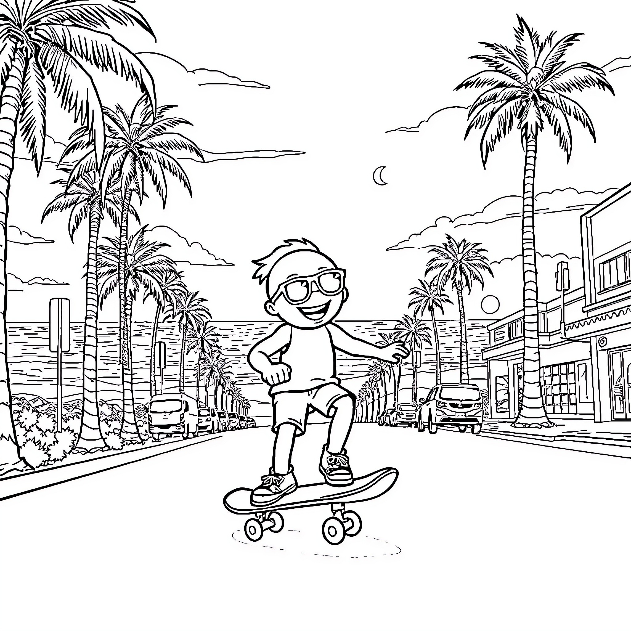 Bluey enjoying a skateboard ride on a tropical street Coloring Page (free black-and-white line drawing printable PDF for all, from beginners to advanced learners, including children, teens, adults, and seniors)