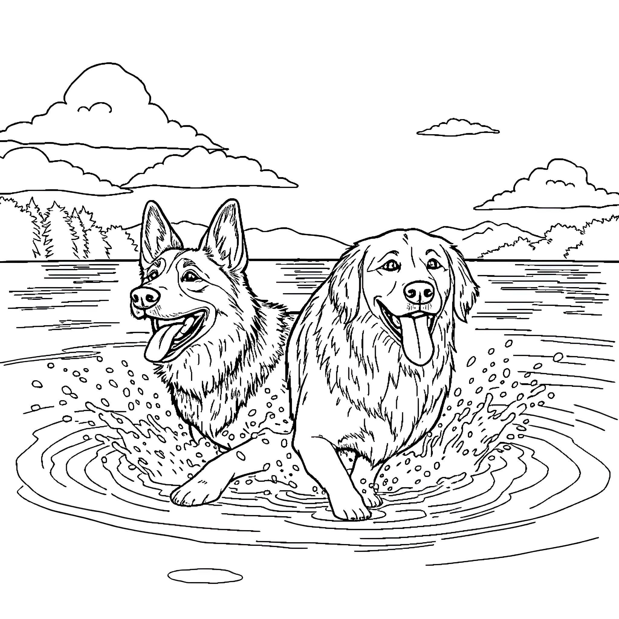 Dogs playing happily in the water Coloring Page (free black-and-white line drawing printable PDF for all, from beginners to advanced learners, including children, teens, adults, and seniors)