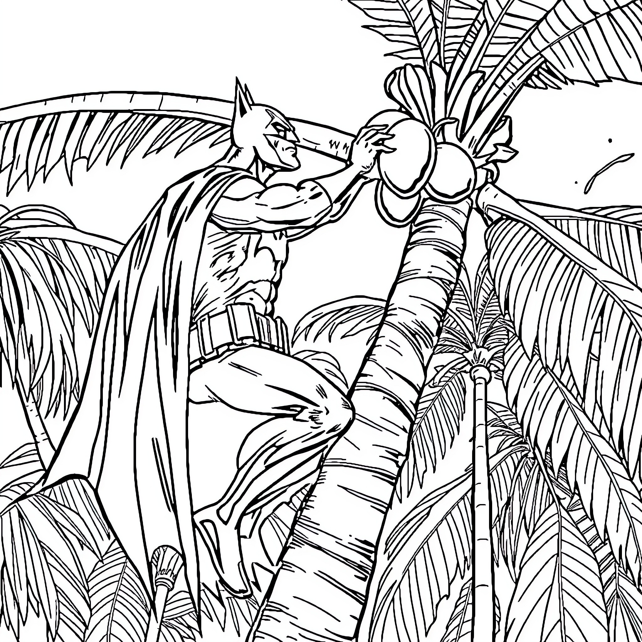 Batman confronts a foe in the jungle landscape Coloring Page (free black-and-white line drawing printable PDF for all, from beginners to advanced learners, including children, teens, adults, and seniors)