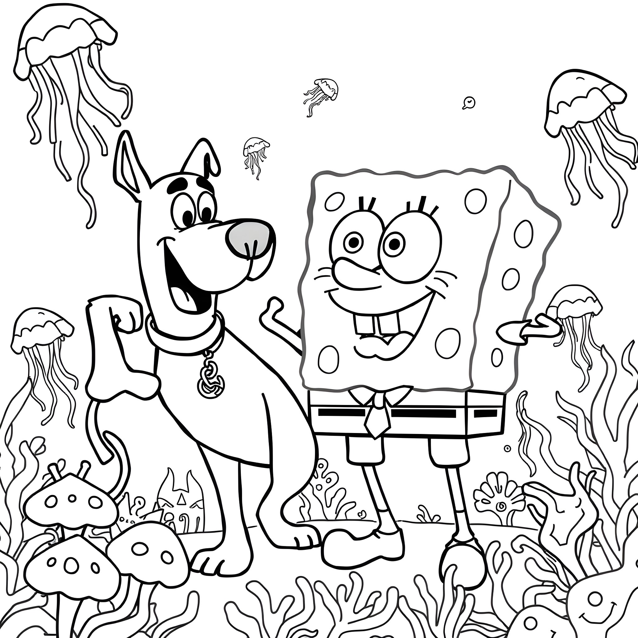 Spongebob and Patrick playing in the underwater sea Coloring Page (free black-and-white line drawing printable PDF for all, from beginners to advanced learners, including children, teens, adults, and seniors)