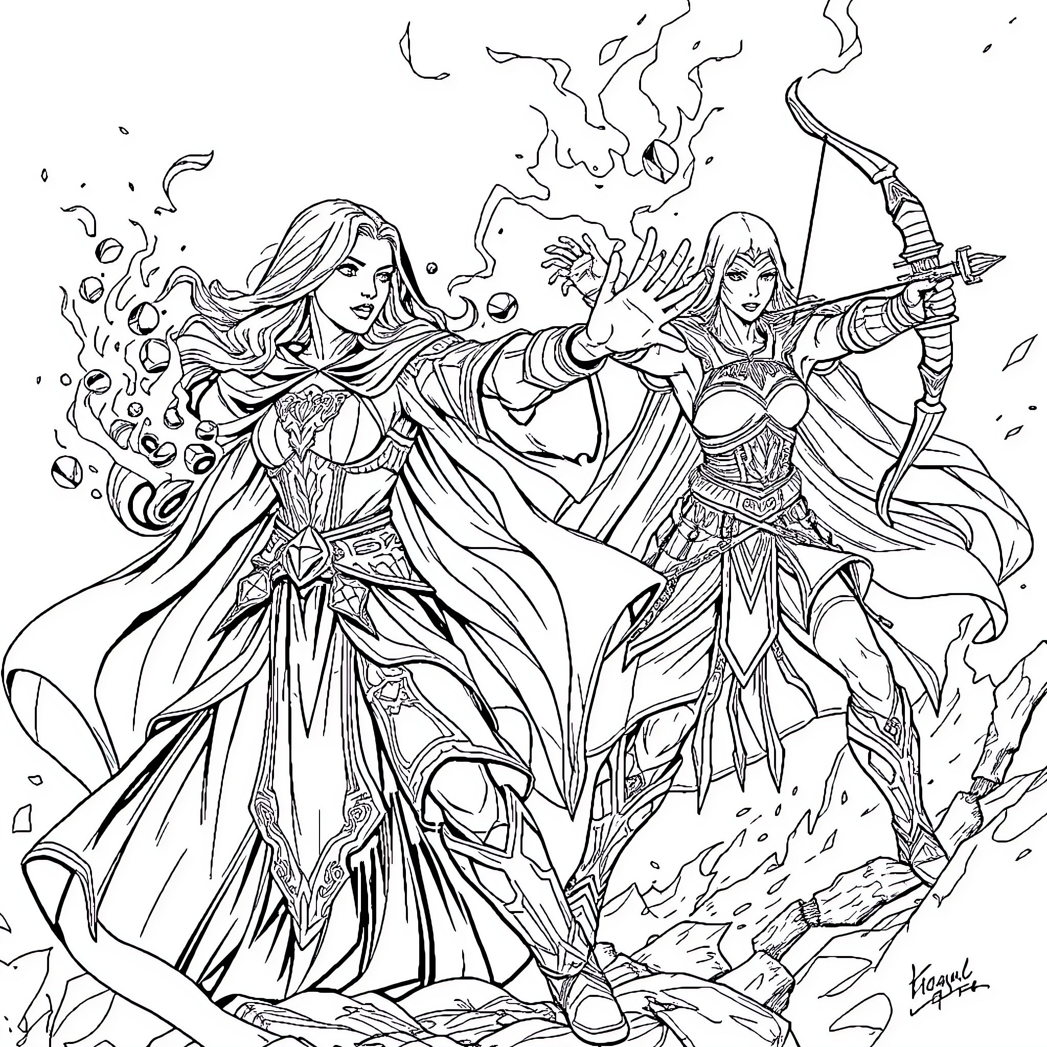 Jaina Proudmoore and Sylvanas Windrunner in Heroic Battle Coloring Page (free black-and-white line drawing printable PDF for all, from beginners to advanced learners, including children, teens, adults, and seniors)