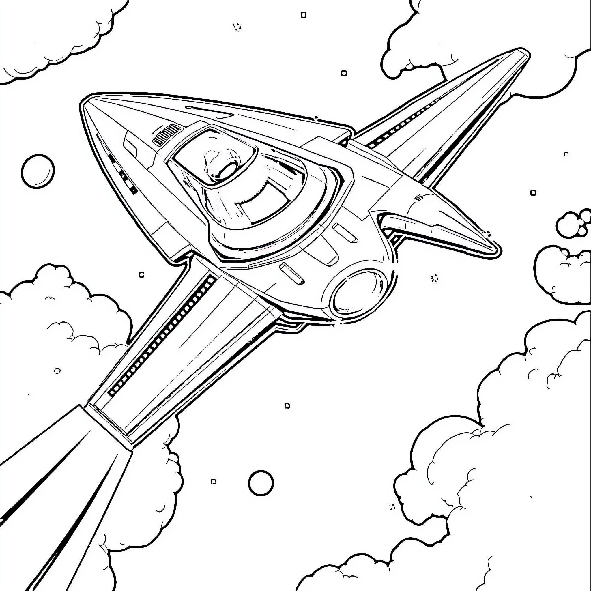 Waverider spacecraft soaring through cosmic clouds Coloring Page (free black-and-white line drawing printable PDF for all, from beginners to advanced learners, including children, teens, adults, and seniors)