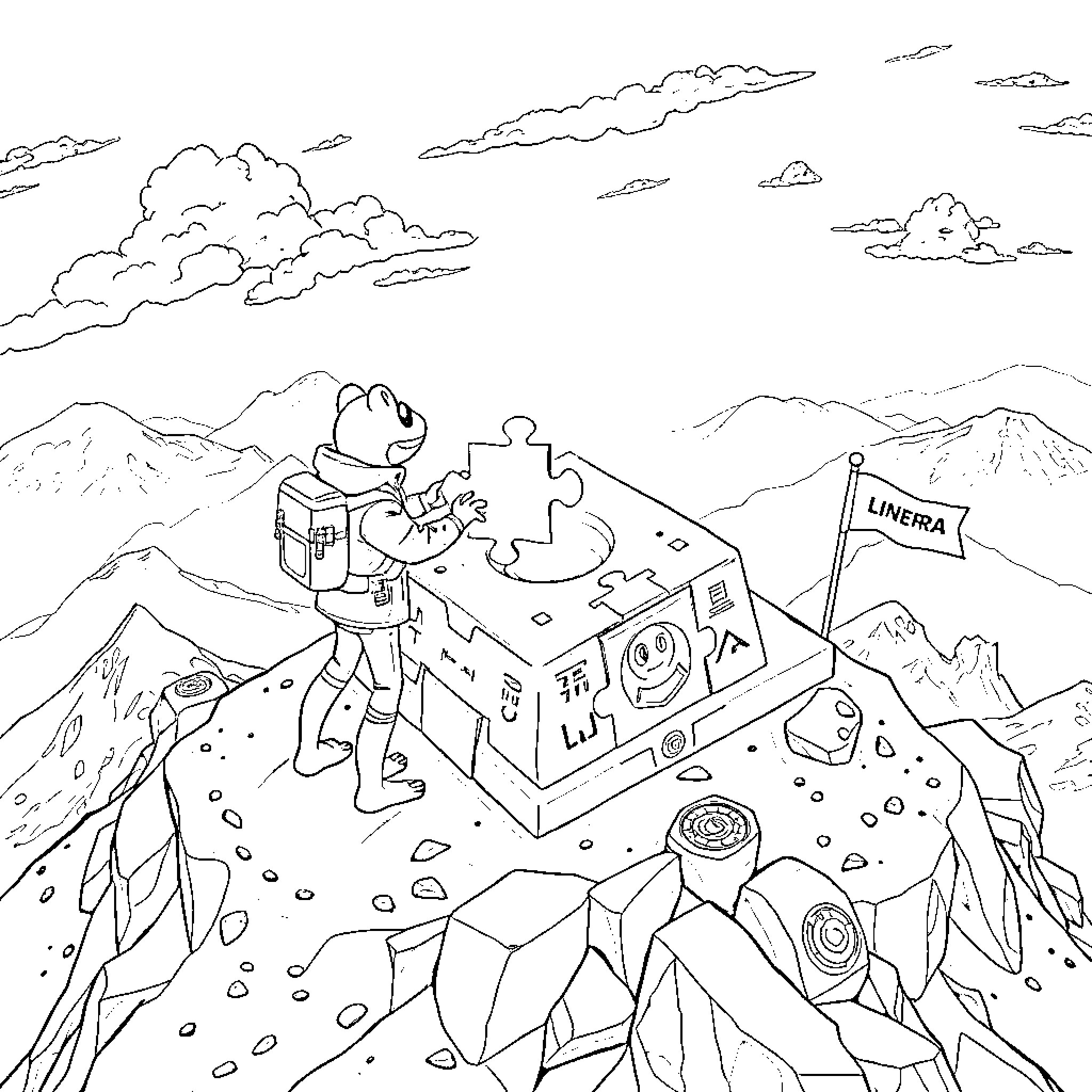 Pepe's Mountain Exploration Adventure Coloring Page (free black-and-white line drawing printable PDF for all, from beginners to advanced learners, including children, teens, adults, and seniors)