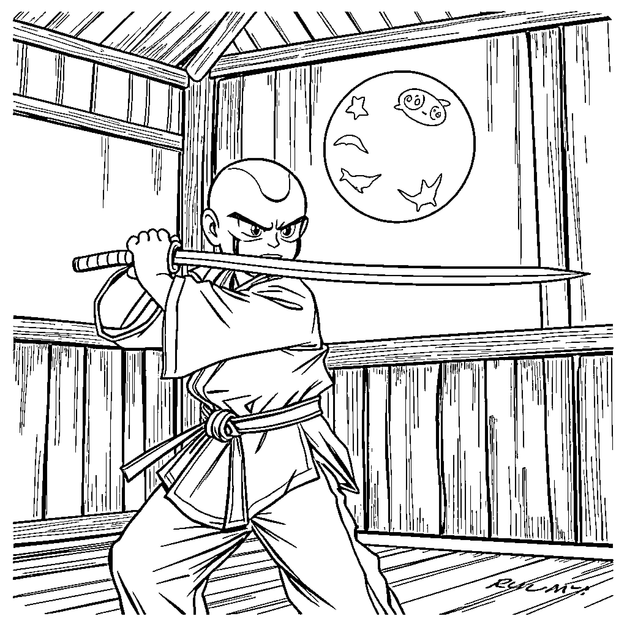 Rumy in martial arts pose under the moon Coloring Page (free black-and-white line drawing printable PDF for all, from beginners to advanced learners, including children, teens, adults, and seniors)