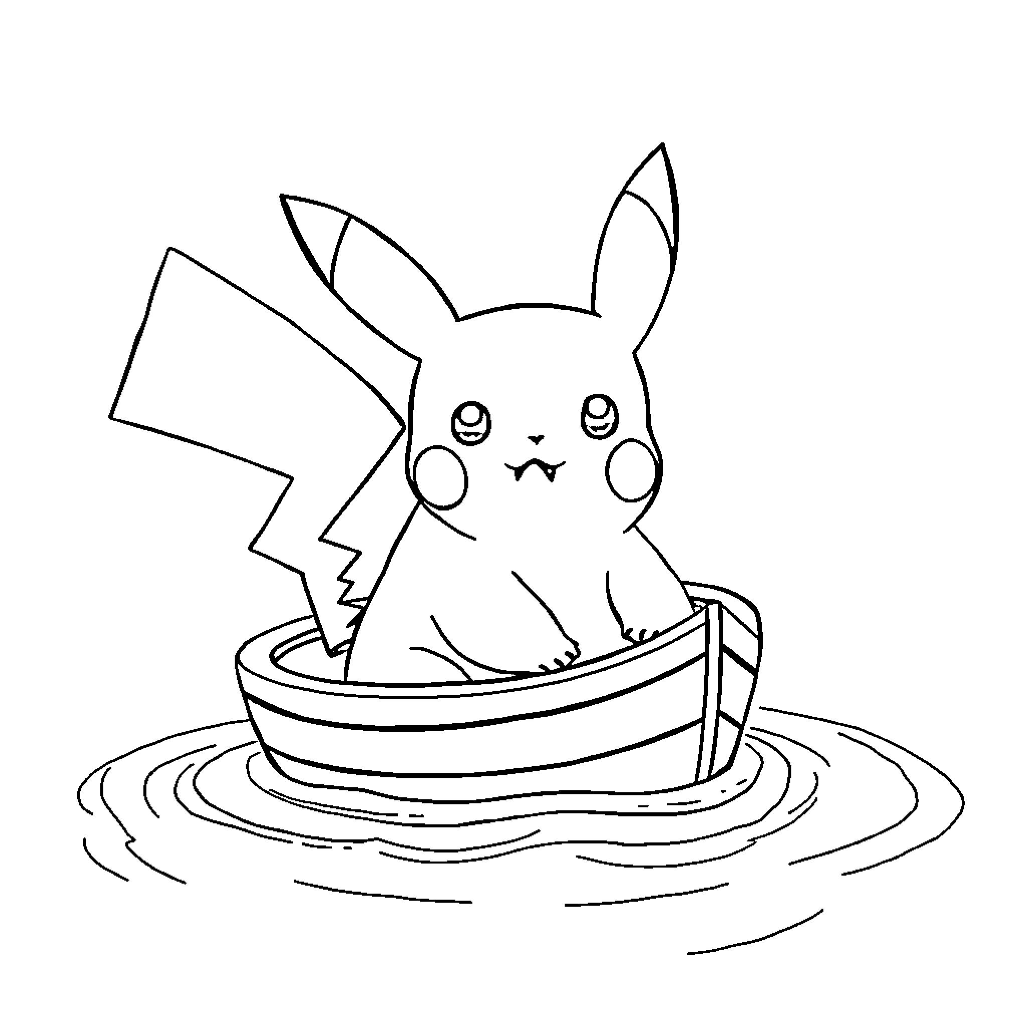 Pikachu enjoying a relaxing bath Coloring Page (free black-and-white line drawing printable PDF for all, from beginners to advanced learners, including children, teens, adults, and seniors)