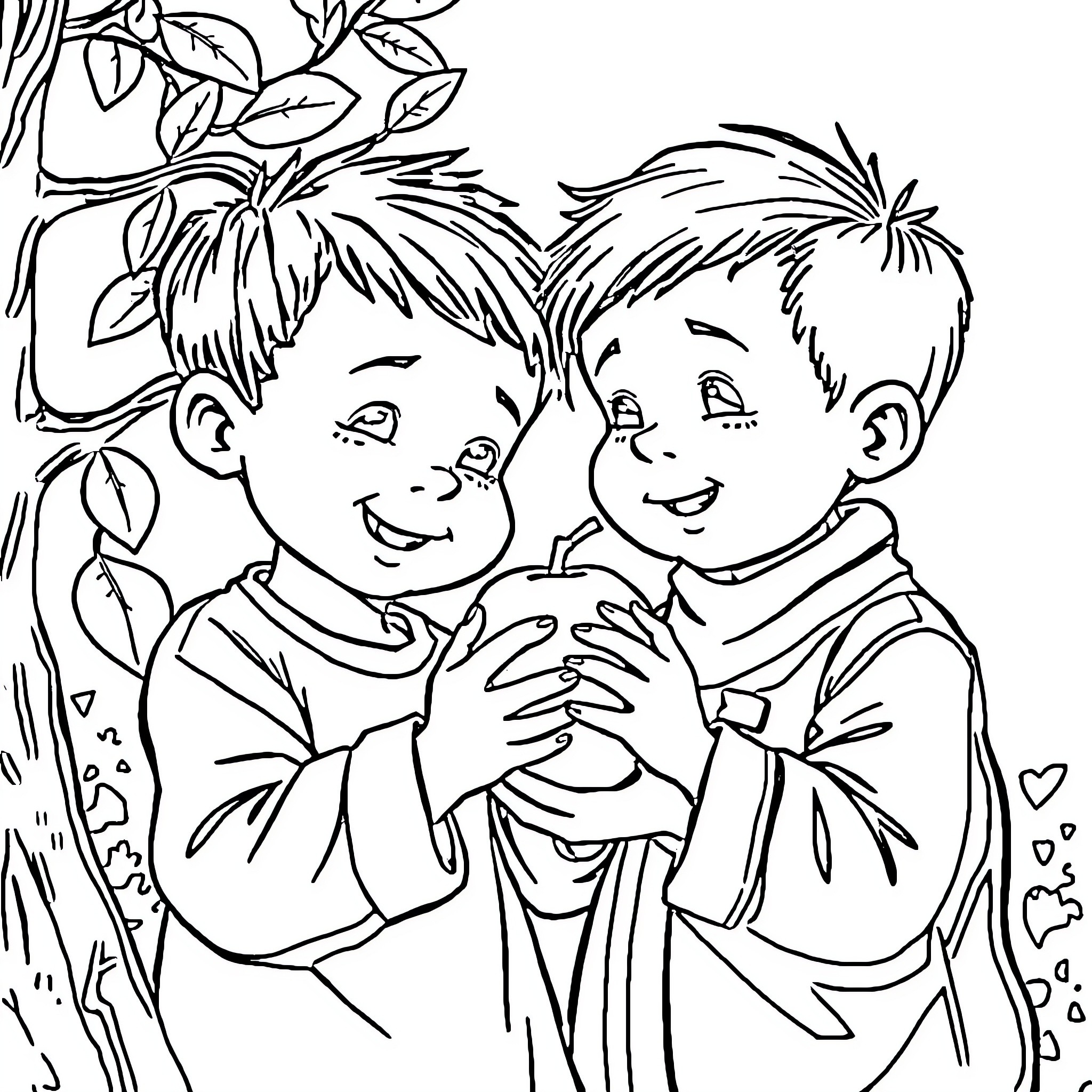 Niños enjoying nature together Coloring Page (free black-and-white line drawing printable PDF for all, from beginners to advanced learners, including children, teens, adults, and seniors)